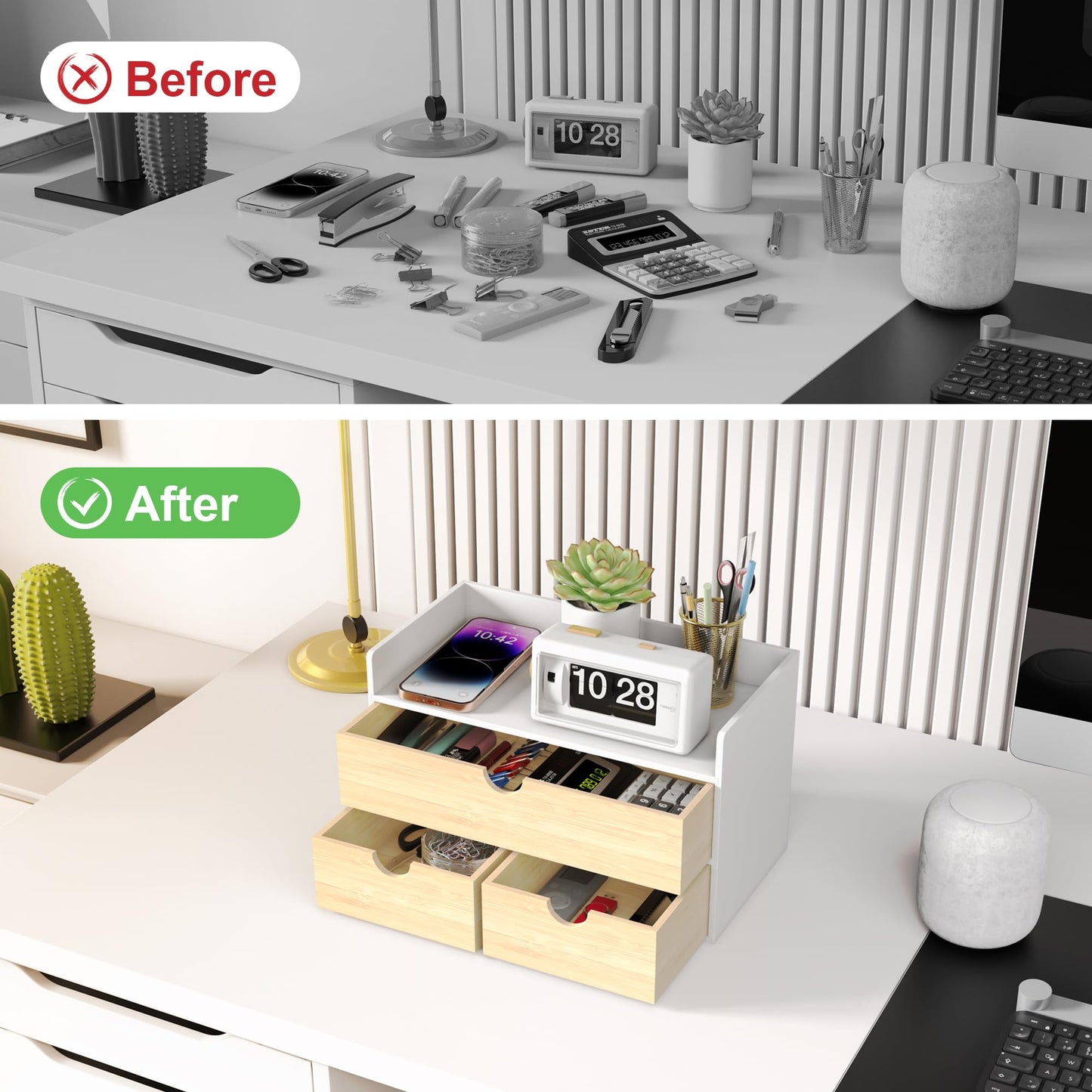 Bamboo Desk Organizer with Drawers, Desktop Storage for Office Supplies
