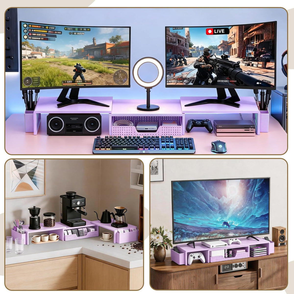 LEKETREE Dual Monitor Stand Riser with Drawer and 2 Pen Holders, Purple
