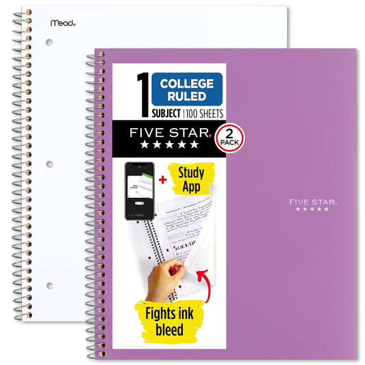 Five Star Spiral Notebook + Study App, 1 Subject, College Ruled Paper, 8-1/2" x 11", 100 Sheets