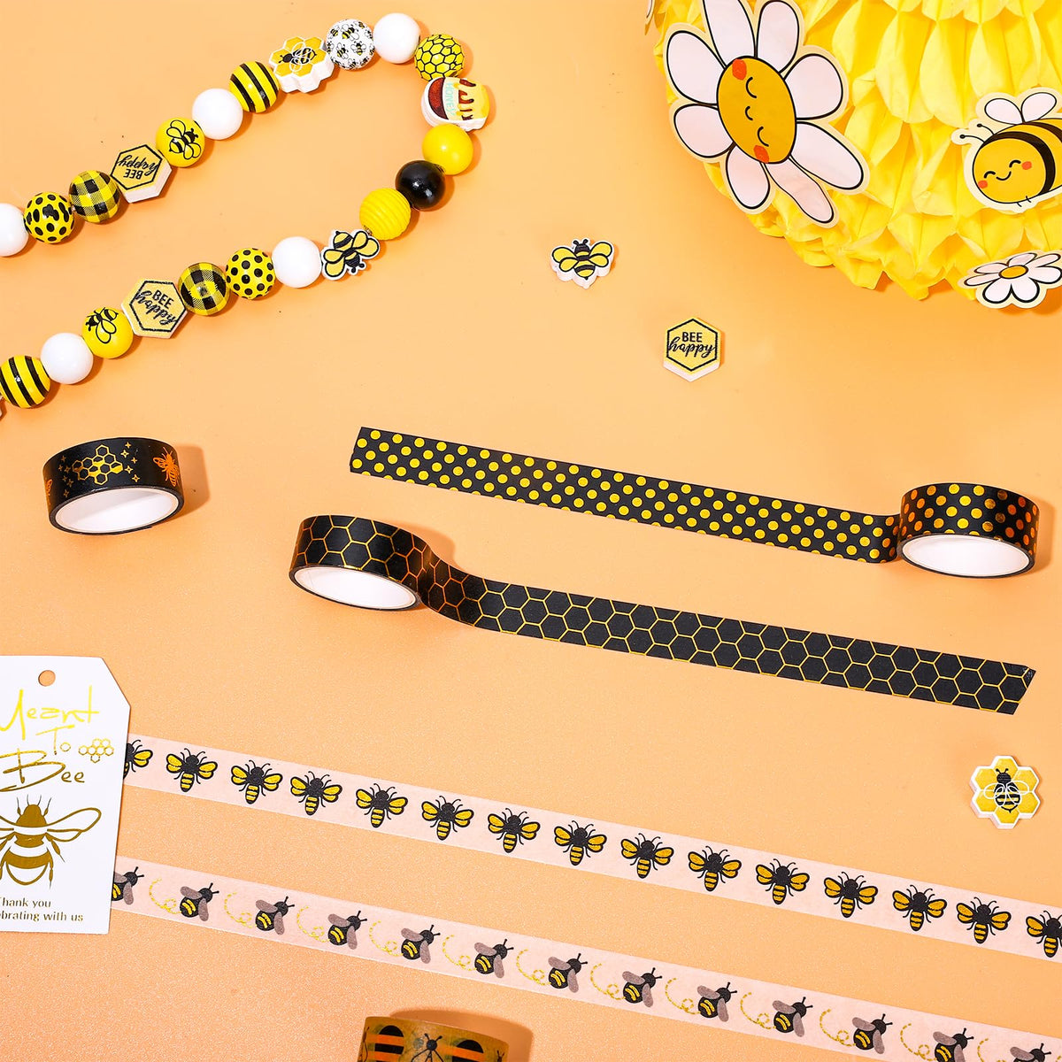 Whaline 12 Rolls Bee Washi Tape Summer Honey Bee Honeycomb Foil Gold Black Washi Masking Tape