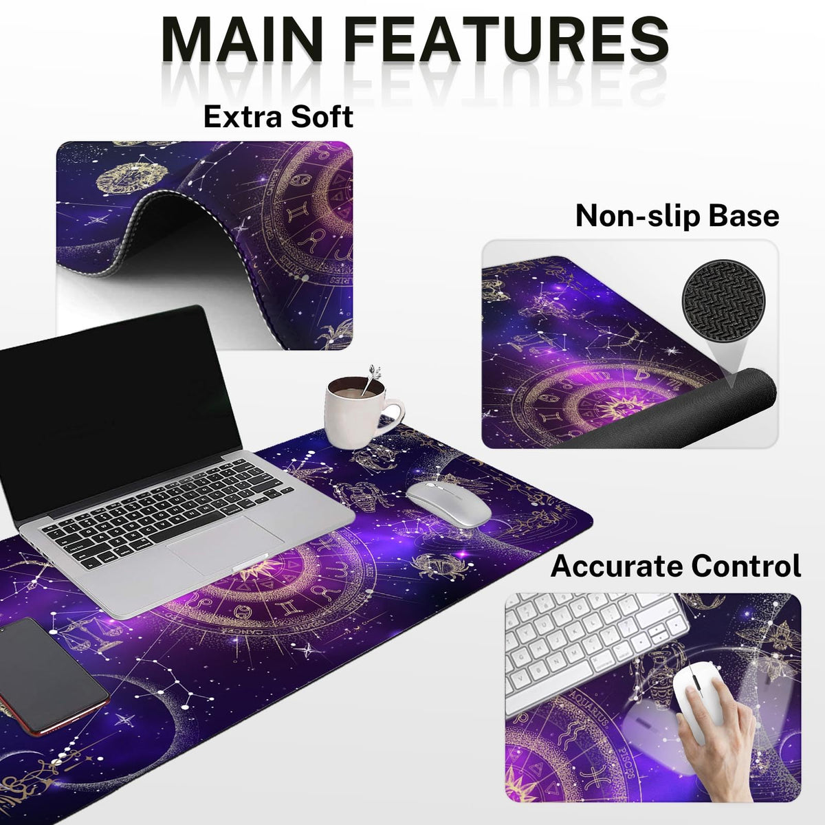 Arttown Keyboard Mouse Pad Set, 4 in 1 Desk Mat Set Galaxy Space