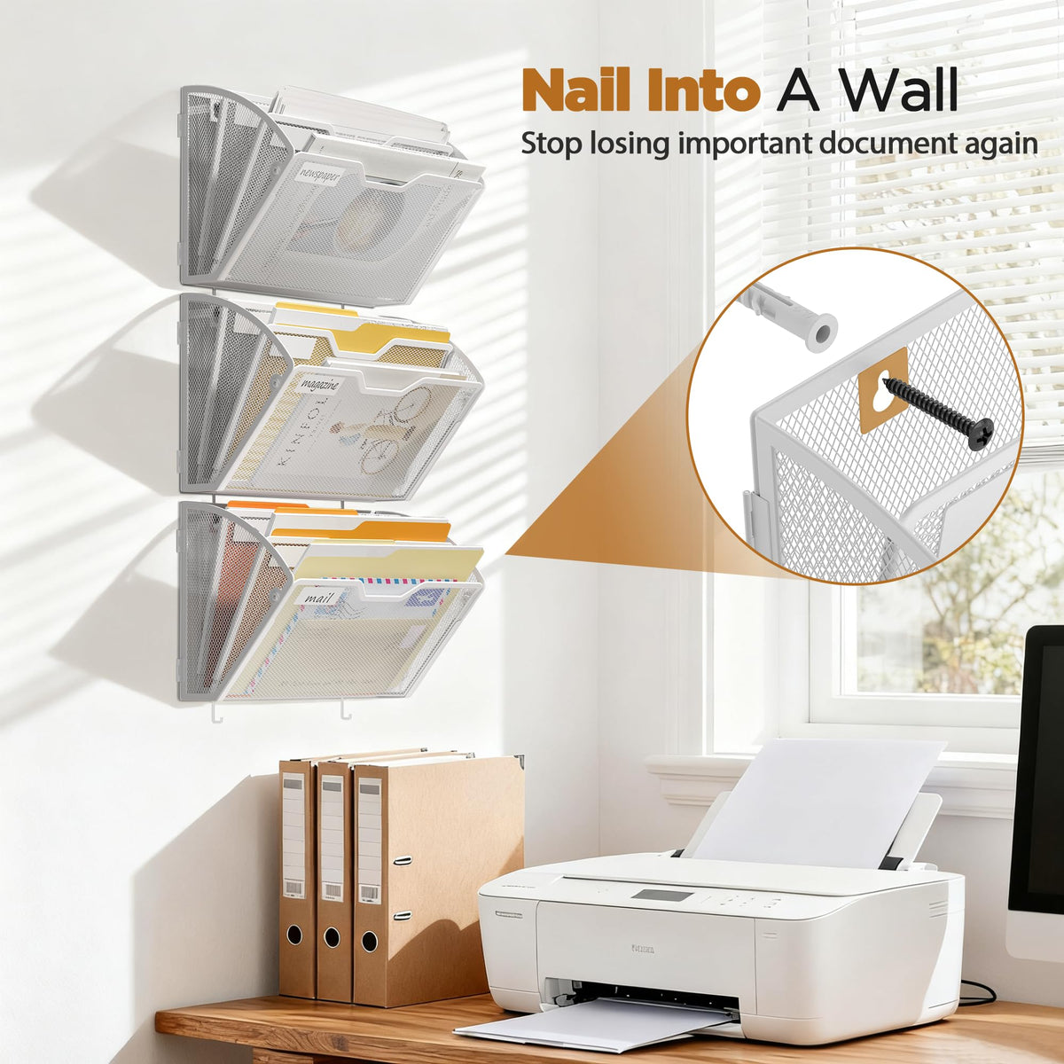 Docnest 3 Pack 3 Tier Mesh Wall File Holders with Hooks for Mail, White