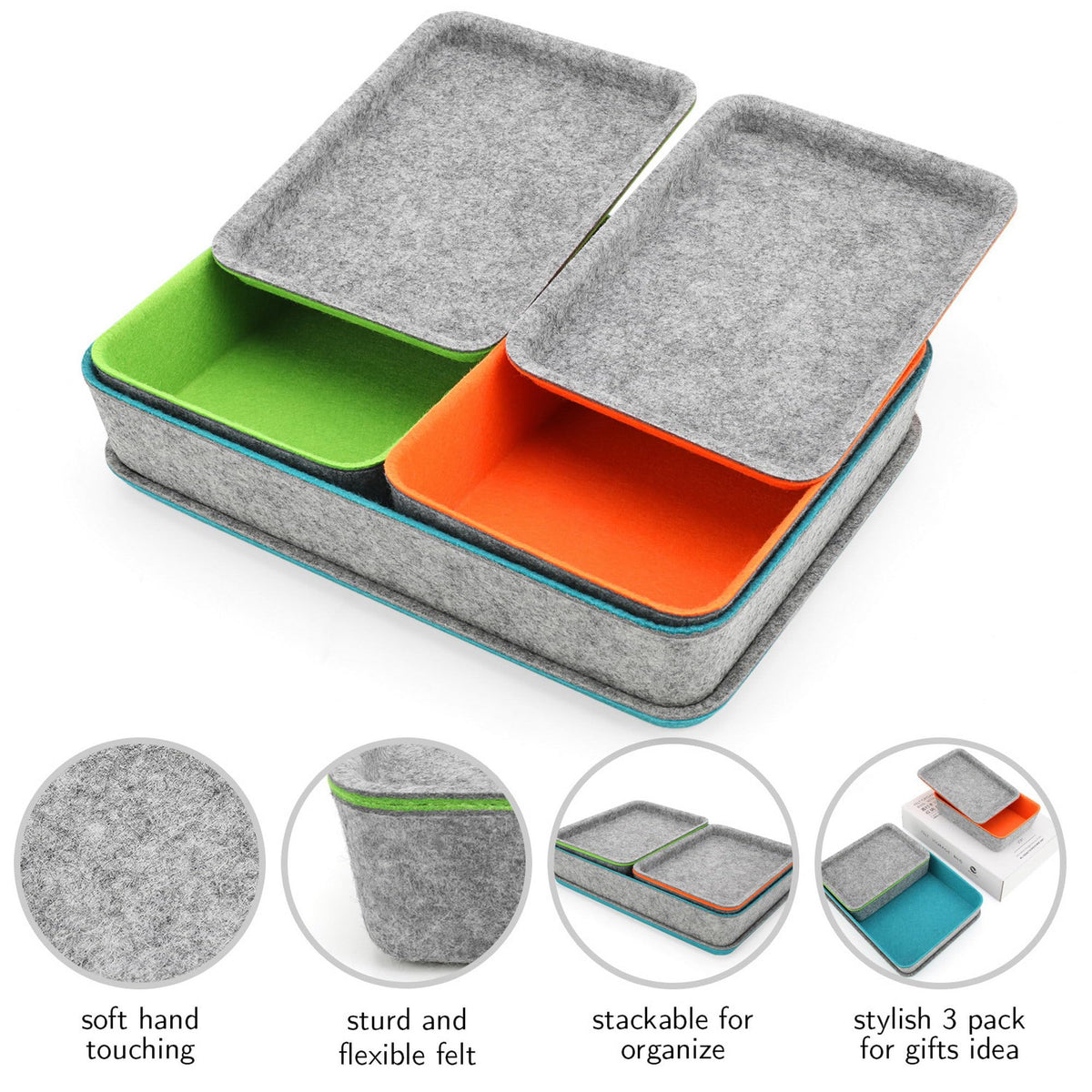 Welaxy 3-Piece Stackable Lidded Felt Desk Drawer Organizer Tray Multi-Color
