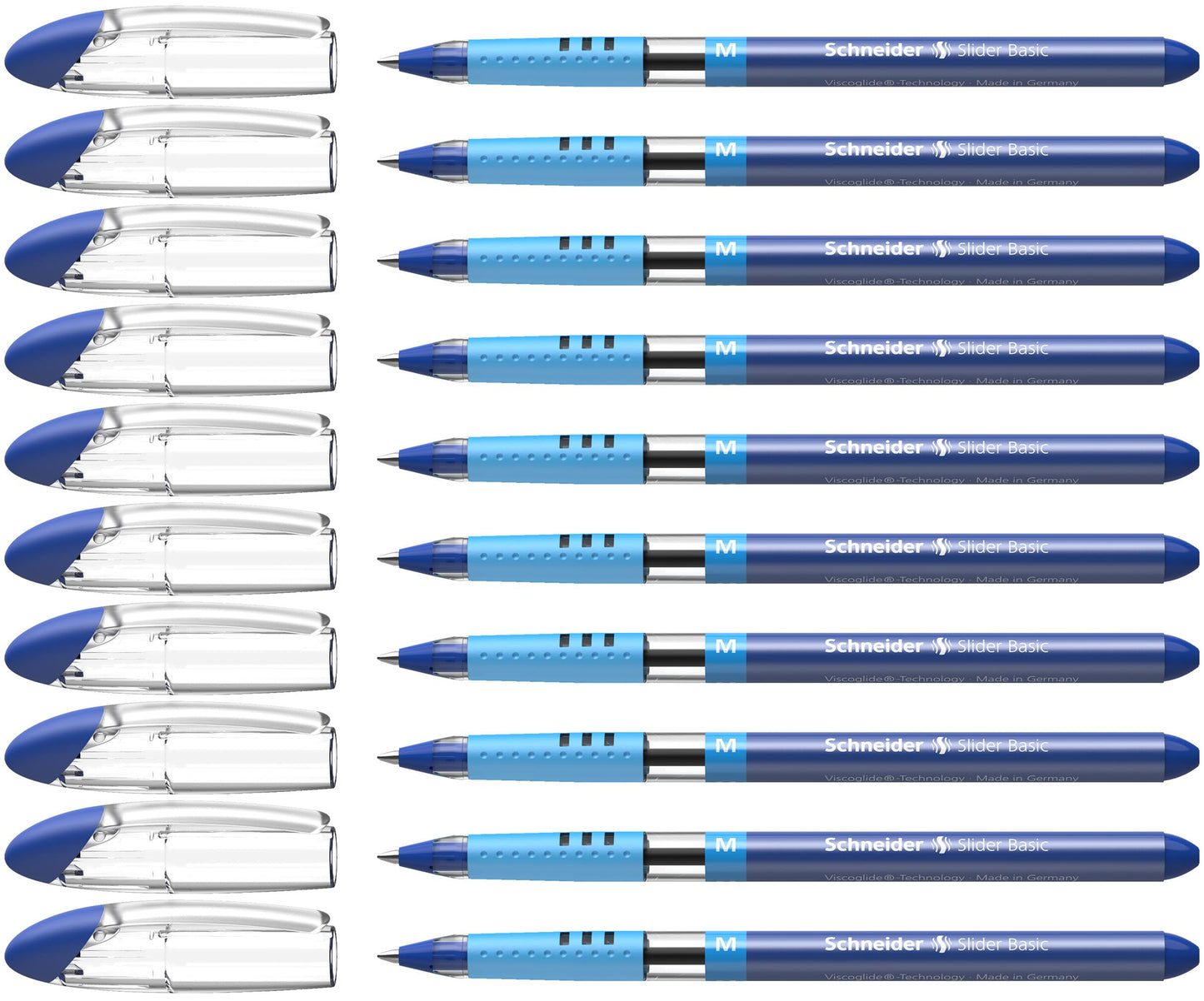 Schneider Slider Basic M (Medium) Ballpoint Pen, 1.0 mm, Transparent Barrel, Blue Ink, Box of 10