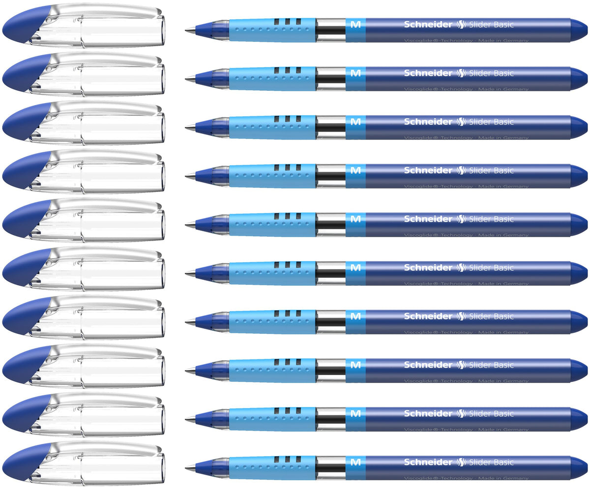 Schneider Slider Basic M (Medium) Ballpoint Pen, 1.0 mm, Transparent Barrel, Blue Ink, Box of 10
