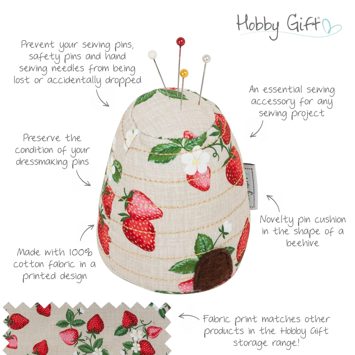 Hobby Gift Strawberry Sewing Box Gift Bundle with Matching 60 Inch Tape Measure and Pin Cushion