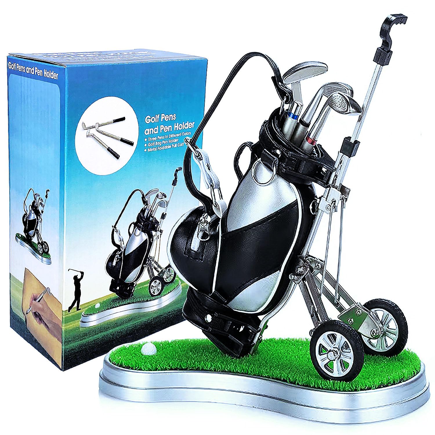 Golf Pen Holder with 3 Club Pens and Movable Golf Cart, Mini Golf Bag Desk Decor for Office, Funny
