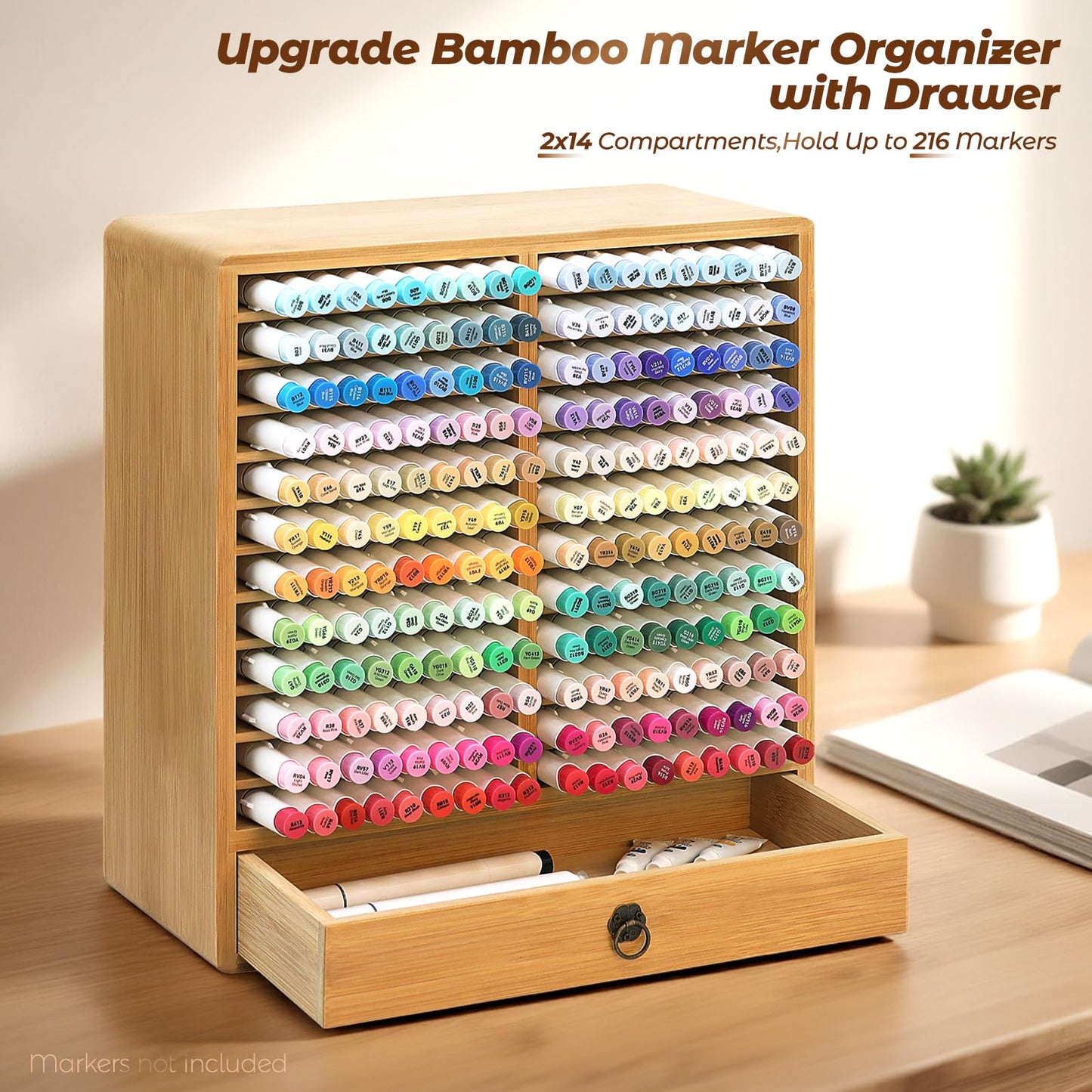 Marker Organizer, 24 Slots Wooden Storage for Up to 216 Markers with Drawer