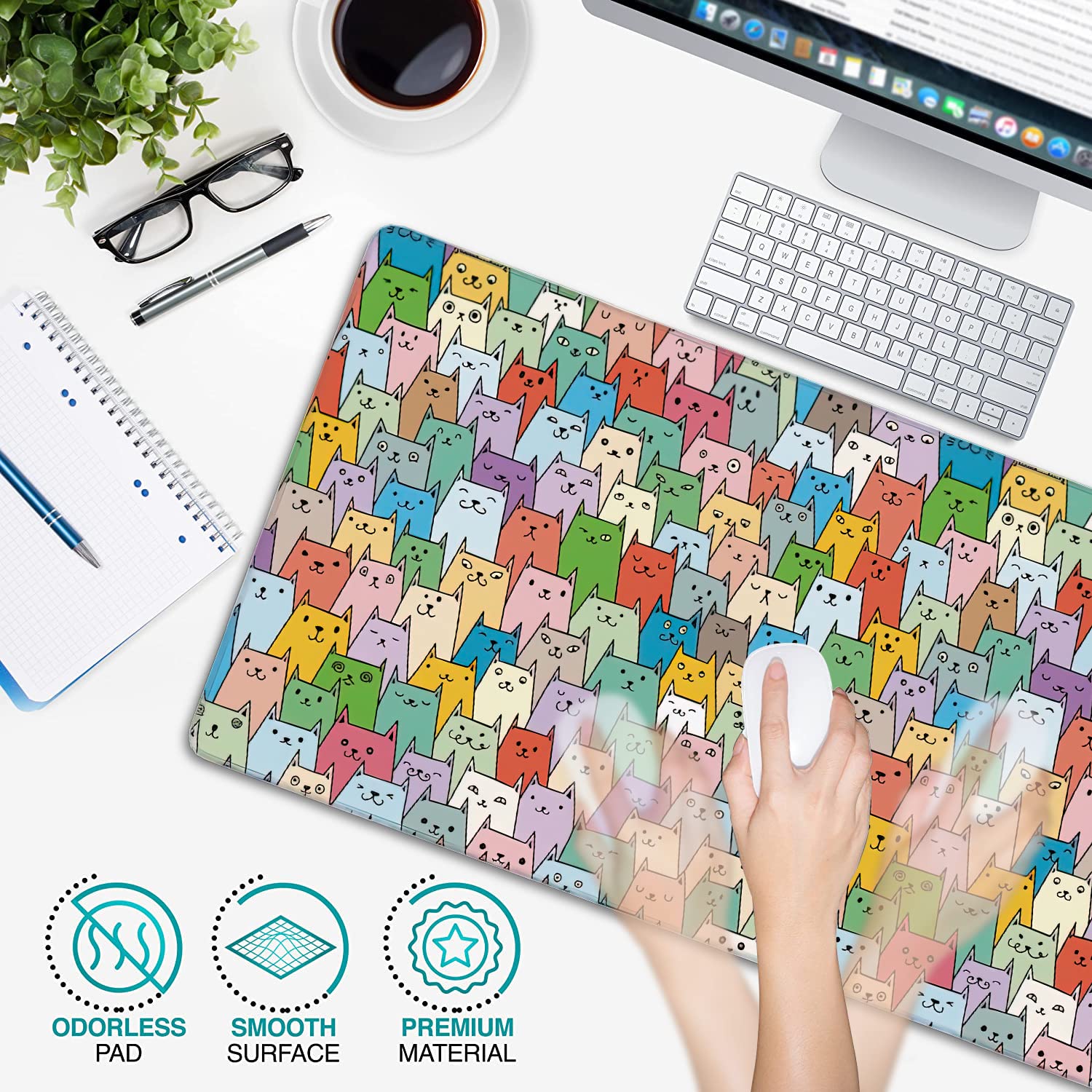 Cute Colorful Cats Extended Gaming Mouse Pad Large Desk Mat with Non-Slip Rubber Base and Stitched