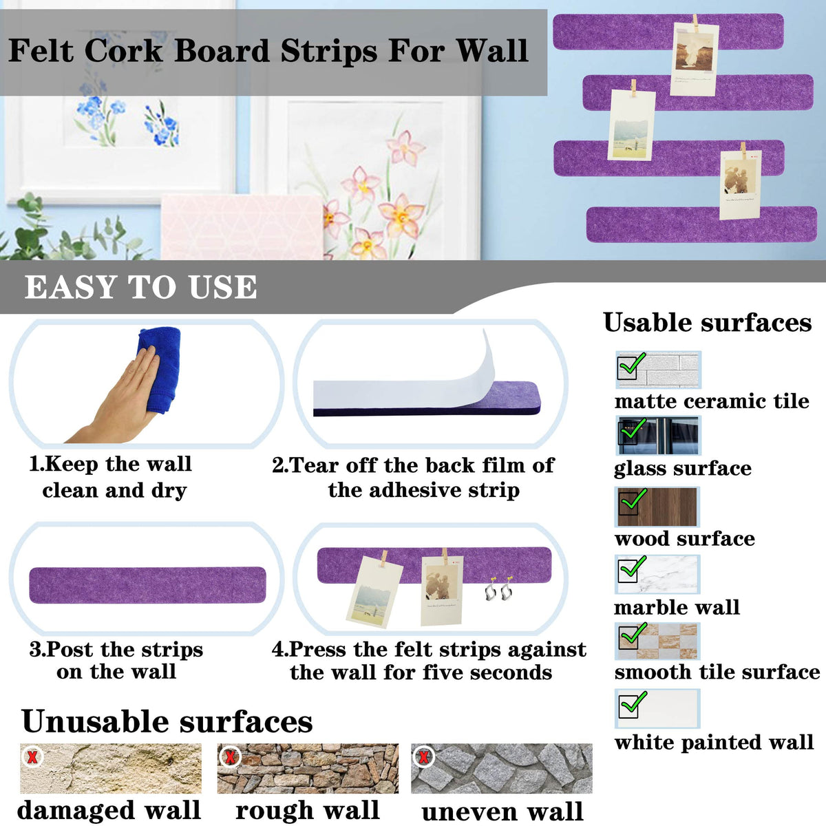 YOUDEFUL 8Pcs Bulletin Board Strips, Purple Felt Pin Board Bar Strips with 50 Pushpins