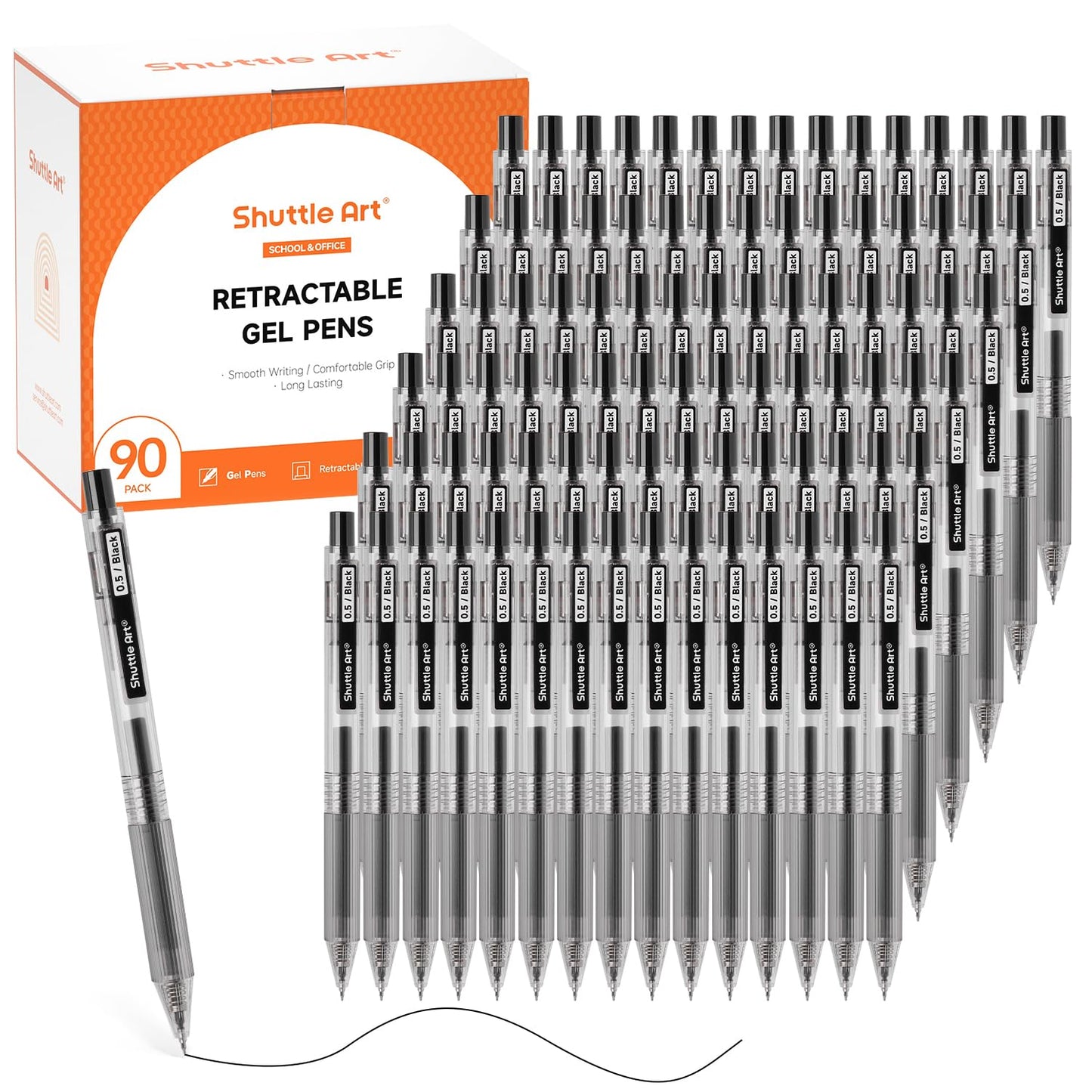 Shuttle Art Black Gel Pens, Ink Glide Series 90 Pack Retractable 0.5mm Fine Point Rollerball Gel