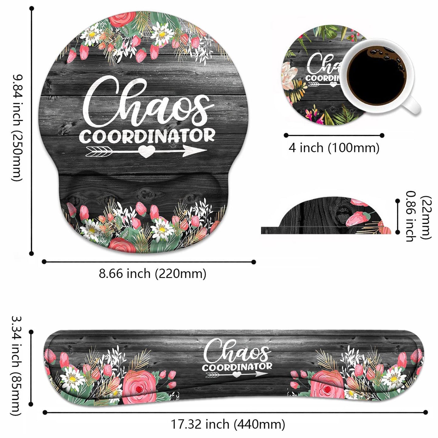 Keyboard Wrist Rest + Mouse Pad Wrist Support Set with Coasters, Chaos Coordinator Quotes Colored