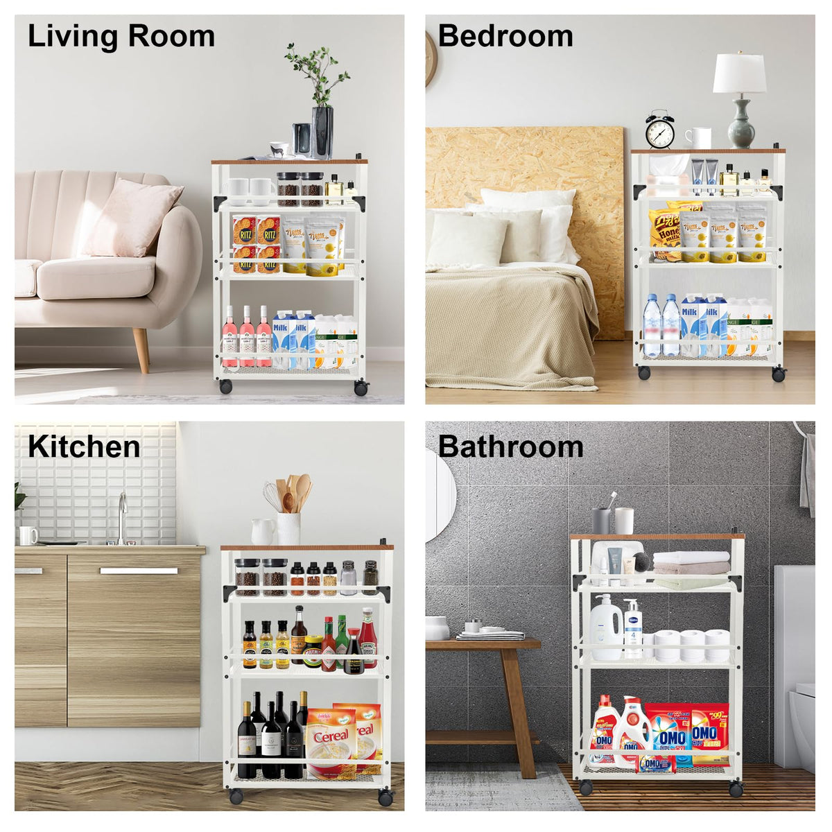 fusehome 3-Tier Rolling Cart Slim - White Laundry Bathroom Kitchen