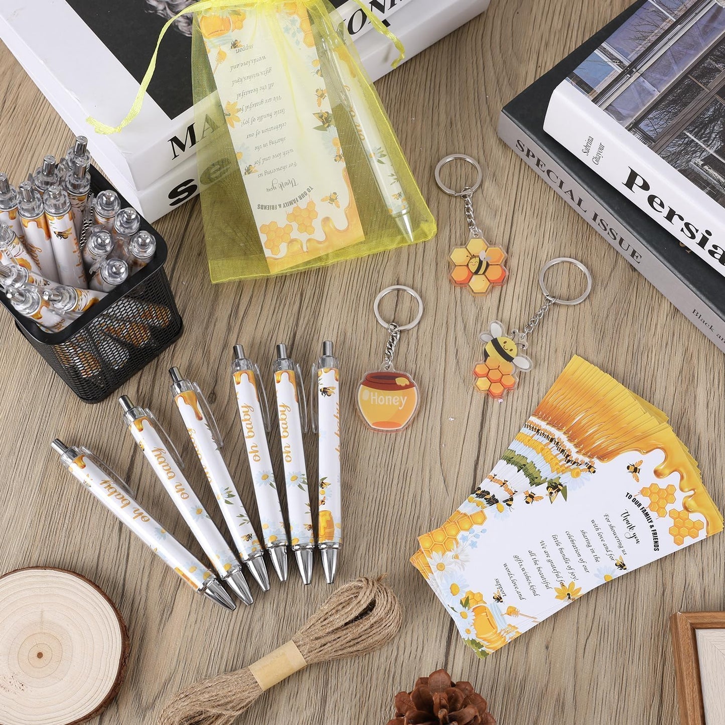 EYNDYN 145 Pieces Bee Baby Shower Favors for Guest Honeycomb Ballpoint Pens and Keychains Gifts