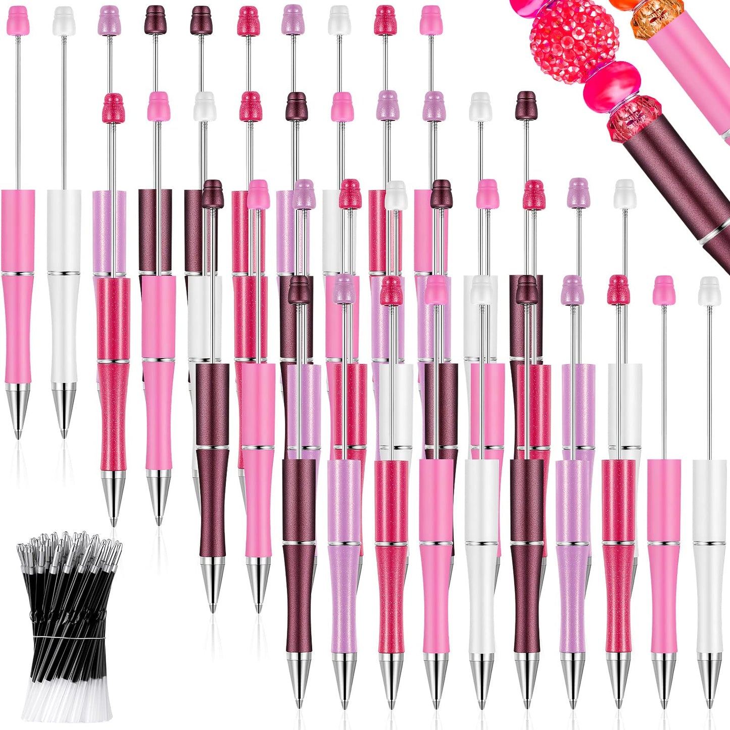 Crtiin 100 Pcs Beadable Pen School DIY Kit,Pink Purple