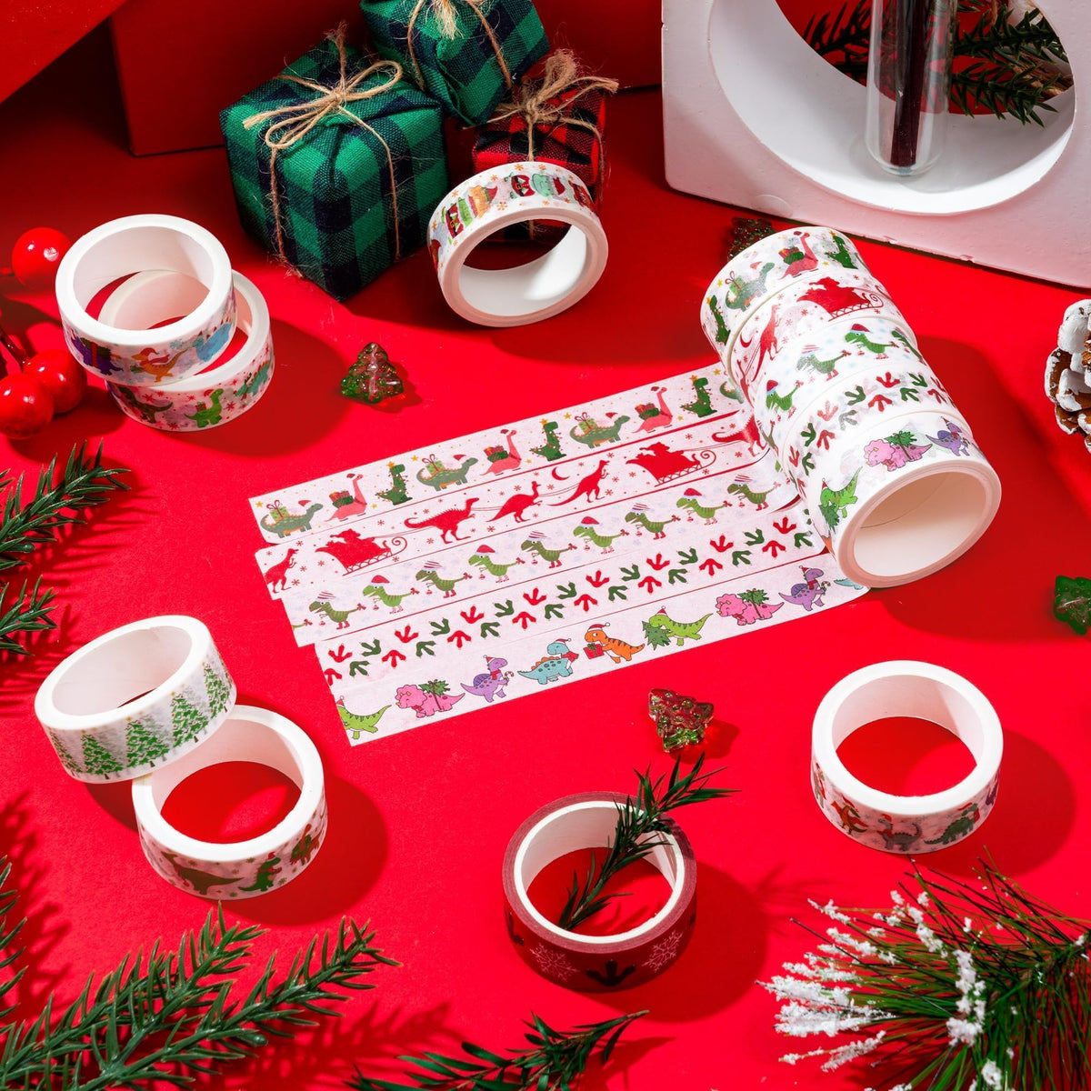 BkeeCten Christmas Dinosaur Washi Tape - 12 Rolls Dinosaur Footprints Christmas Trees Designs, Free