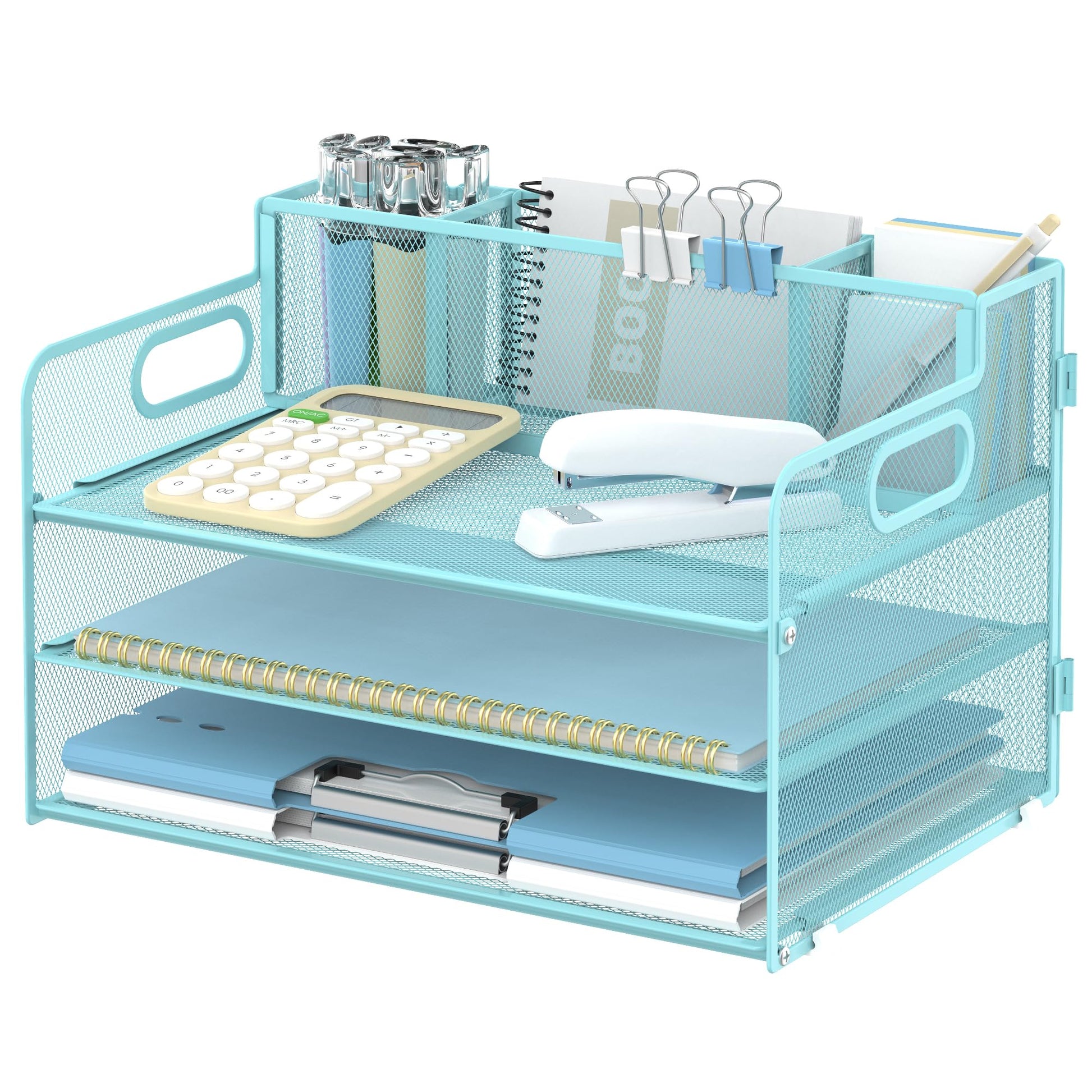 3-Tier Desk Organizer with Pen Holder and Handles, Paper Organizer, Blue