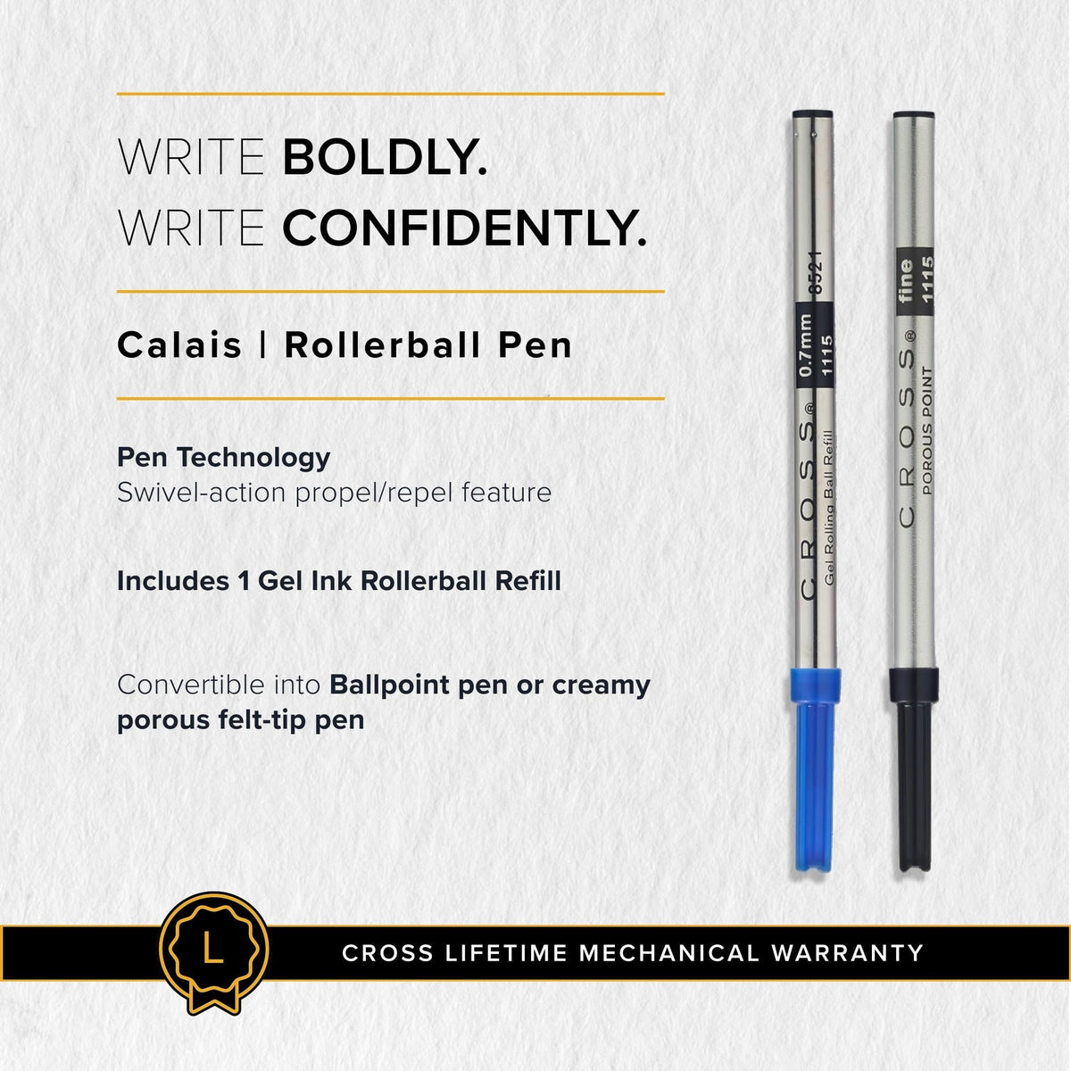 Cross Calais Rollerball Pen, Matte Gray & Black, Medium Point, Black Ink