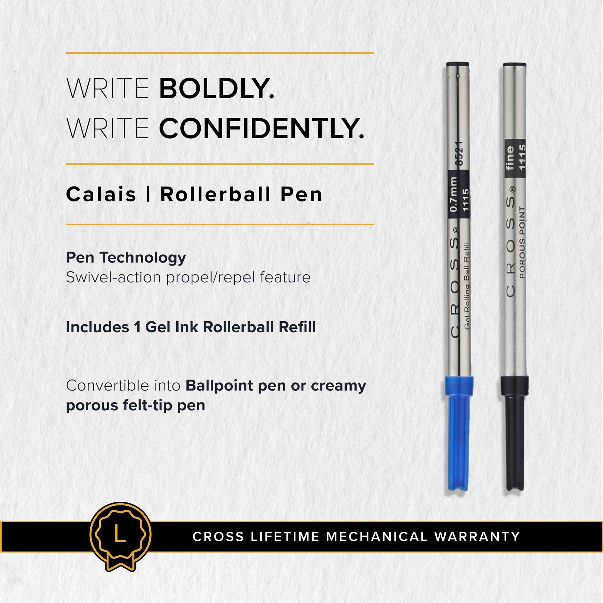 Cross Calais Rollerball Pen, Matte Gray & Black, Medium Point, Black Ink