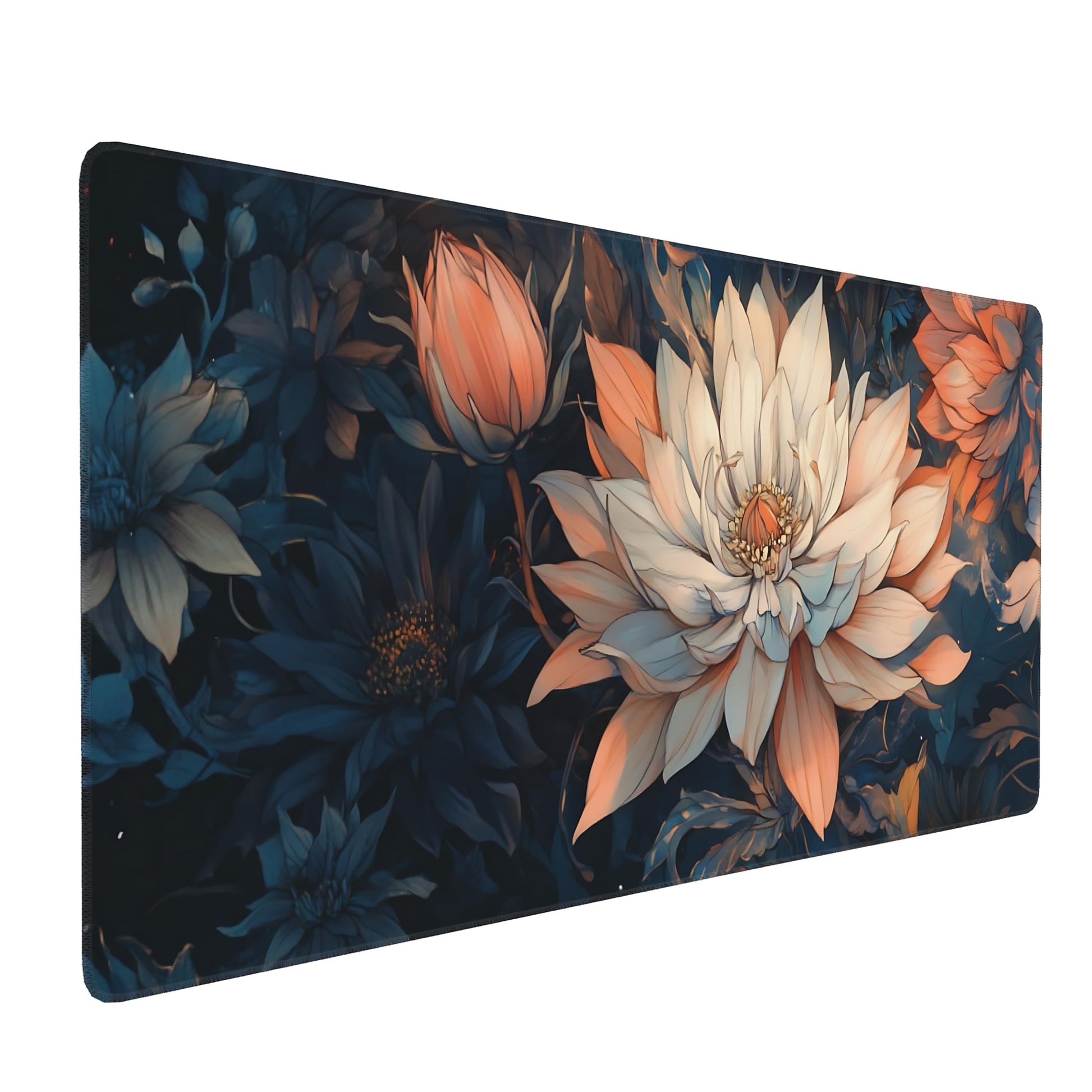 Floral Aesthetic Lotus Gaming Mouse Pad, Blue Pink Japanese Desk Mat with Anti-Slip Base & Stitched