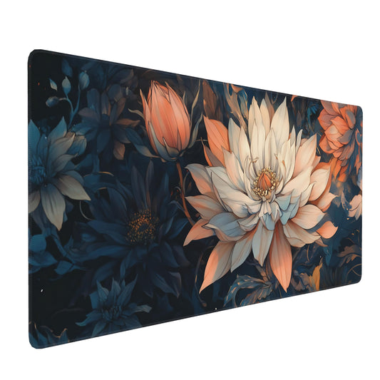 Floral Aesthetic Lotus Gaming Mouse Pad, Blue Pink Japanese Desk Mat with Anti-Slip Base & Stitched