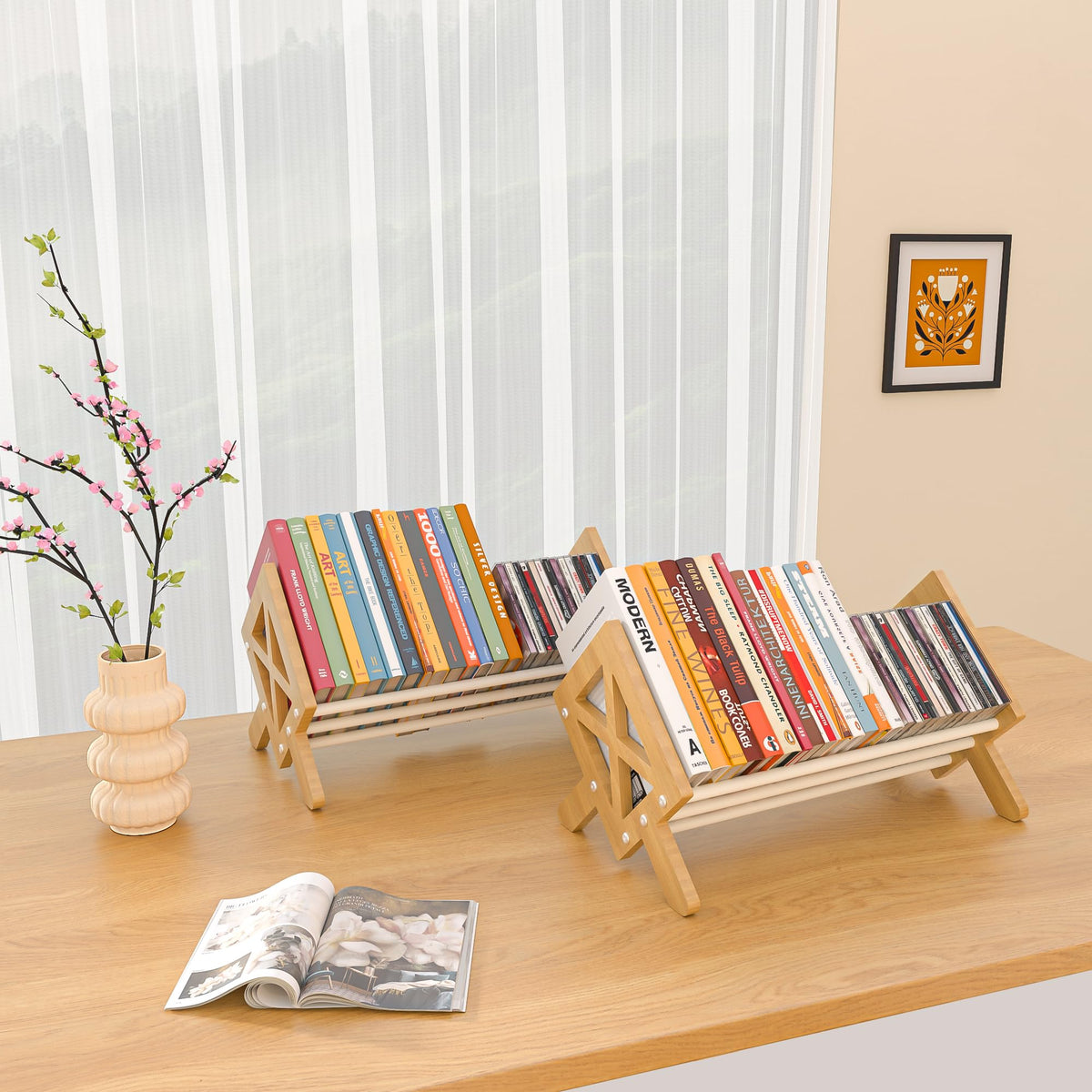 ART-GIFTREE Desktop Bookshelf Organizer, Wood Office Tabletop Book Storage Rack, Tilting Bookcase