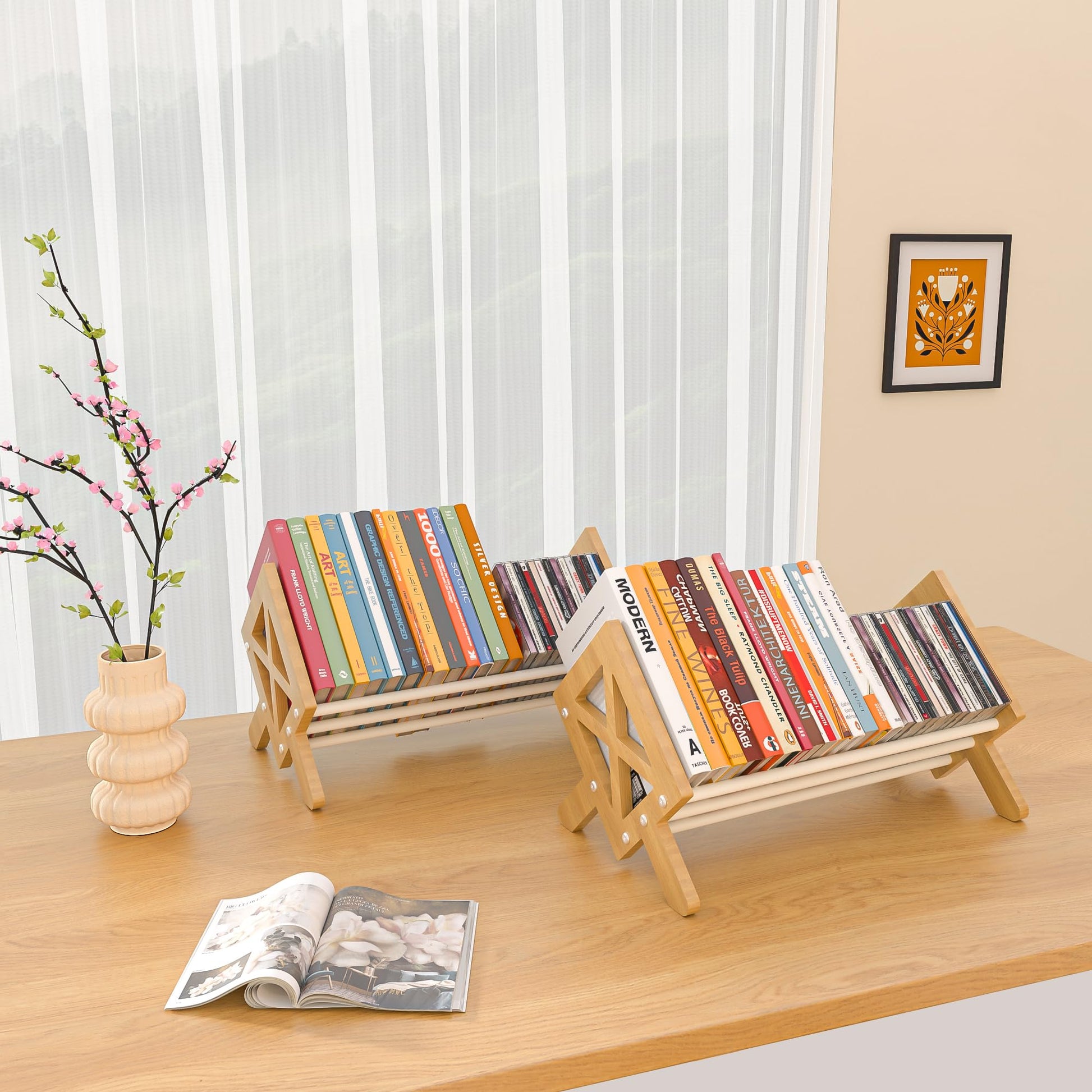 ART-GIFTREE Desktop Bookshelf Organizer, Wood Office Tabletop Book Storage Rack, Tilting Bookcase