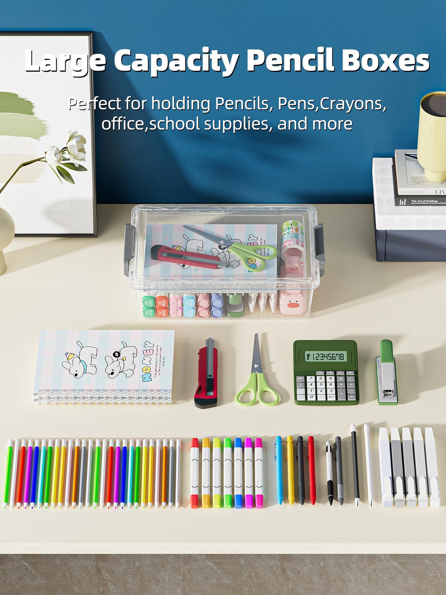 BiuLeon 4 Pack Extra Large Pencil Box, Plastic Pencil Case Organizer, Clear Crayon Box Marker
