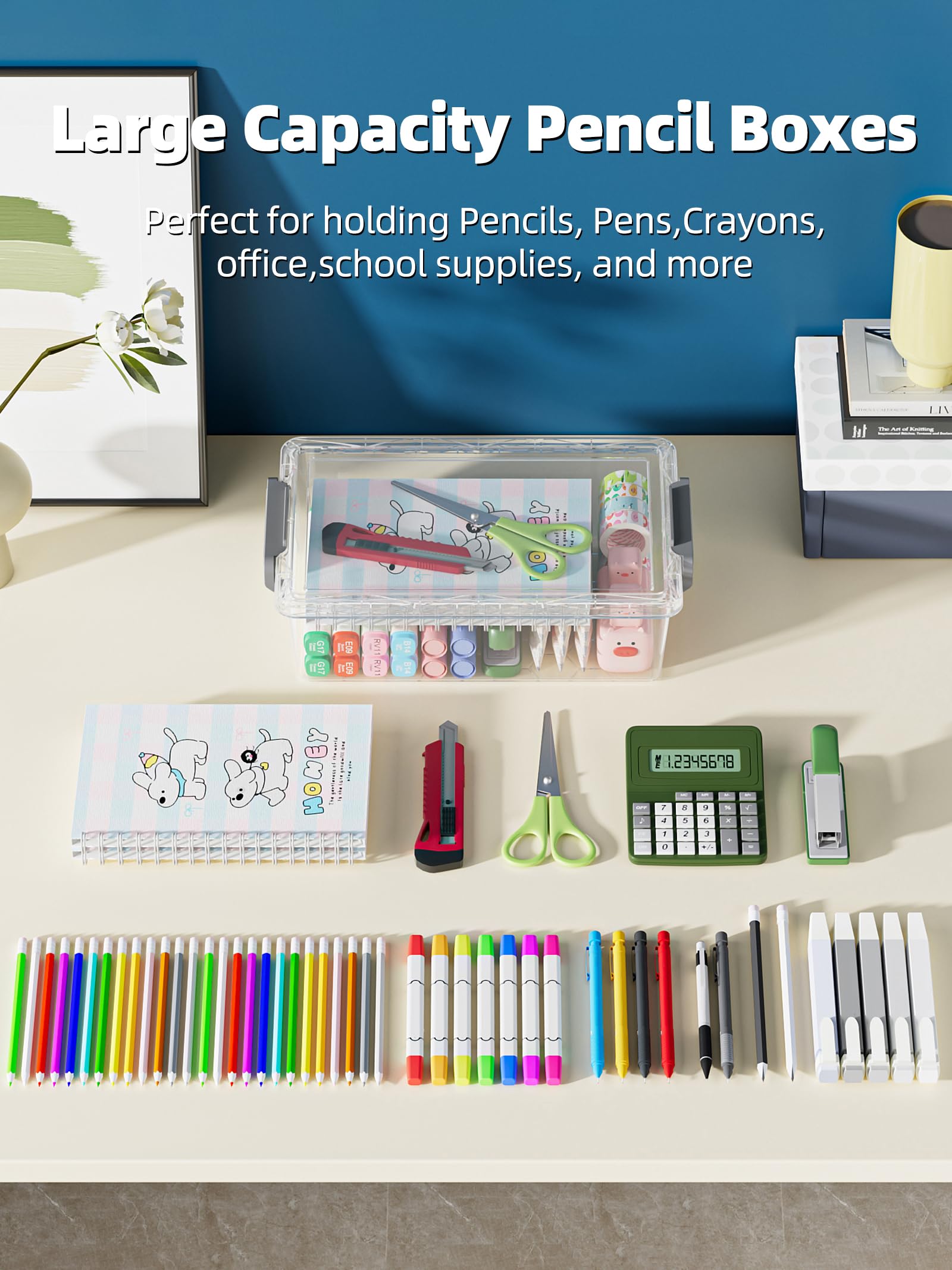 BiuLeon 4 Pack Extra Large Pencil Box, Plastic Pencil Case Organizer, Clear Crayon Box Marker
