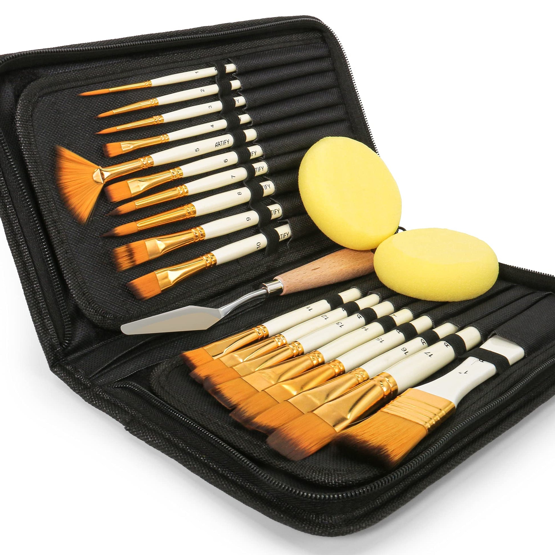 21 Piece Paint Brush Set, ARTIFY 18 Acrylic Paint Brushes, Palette Knife, and 2 Sponges