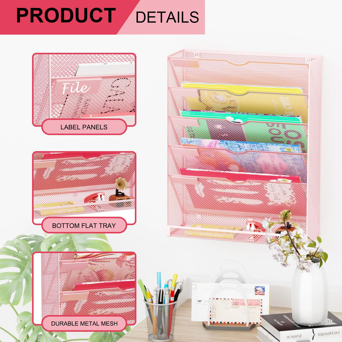 GDINDINFAN Hanging Wall File Organizer 6 Tier Wall Mounted Mail Paper Folder Holder Document