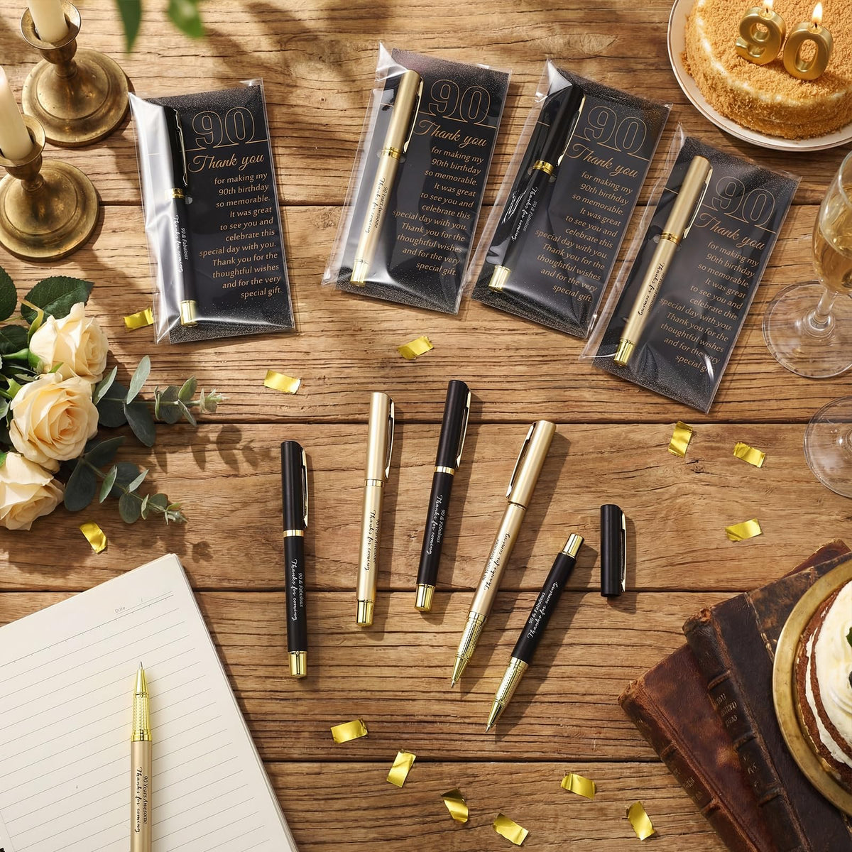 Feifeiya 50 Set 90th Birthday Favors with Black Gold Pens Cards