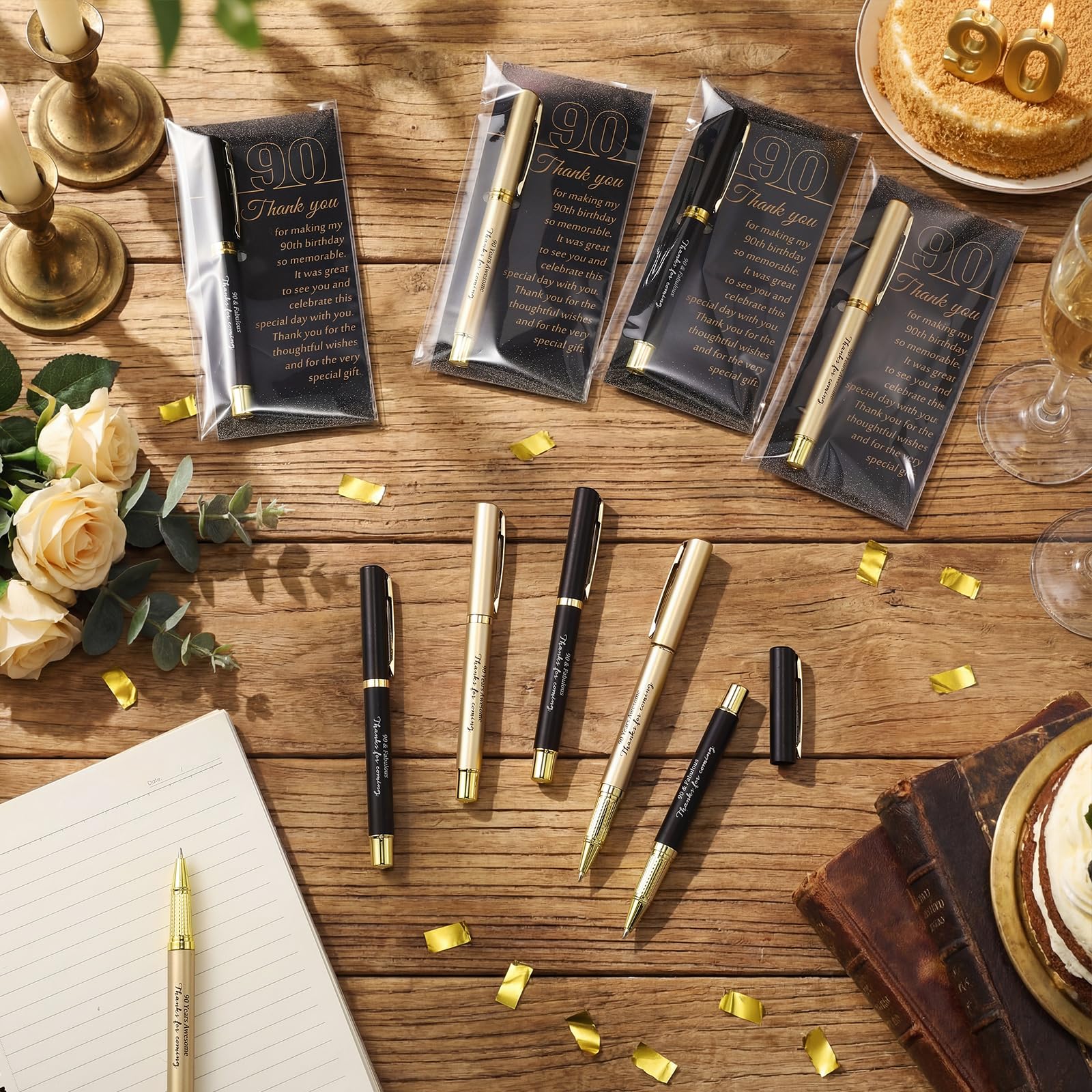 Feifeiya 30 Set 90th Birthday Favors with Black Gold Pens Cards