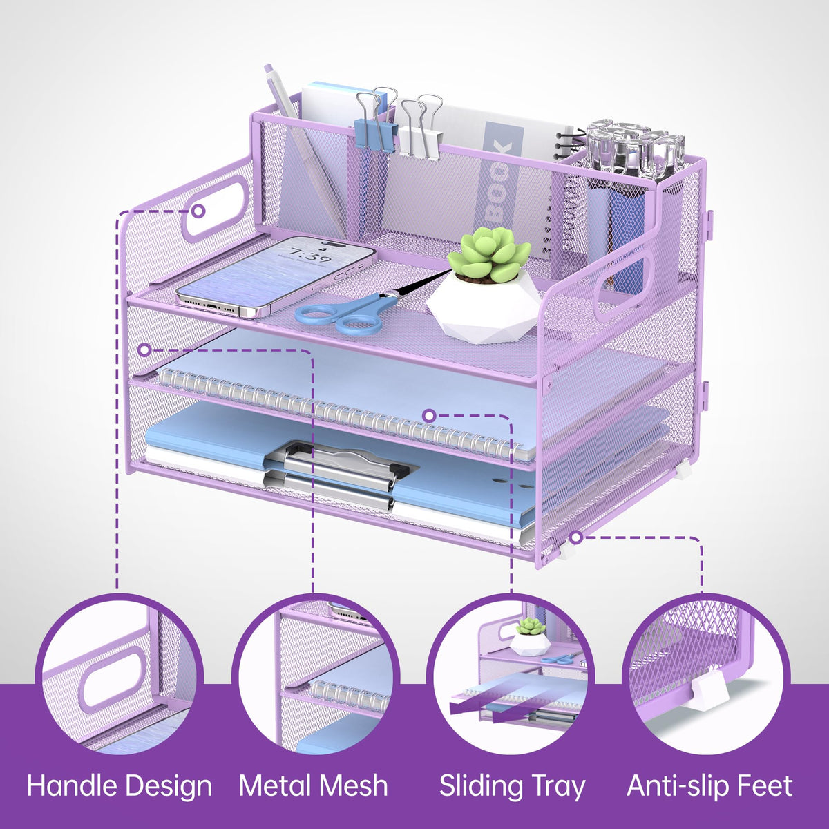 3-Tier Desk Organizer with Pen Holder and Handles, Paper Organizer, Purple