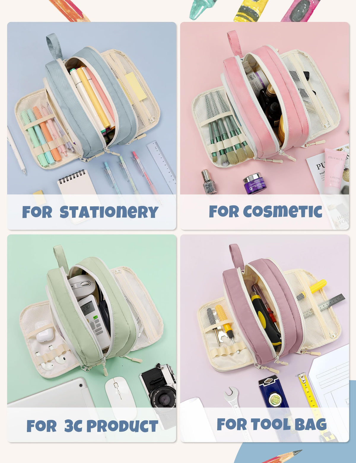 SUNEE Large Pencil Case, Big Capacity Pen Pouch with 3 Compartments, Kawaii Cute Pencil Bag with