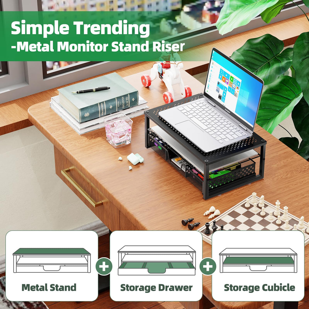Simple Trending Metal Monitor Stand Riser and Computer Desk Organizer with Drawer for Laptop