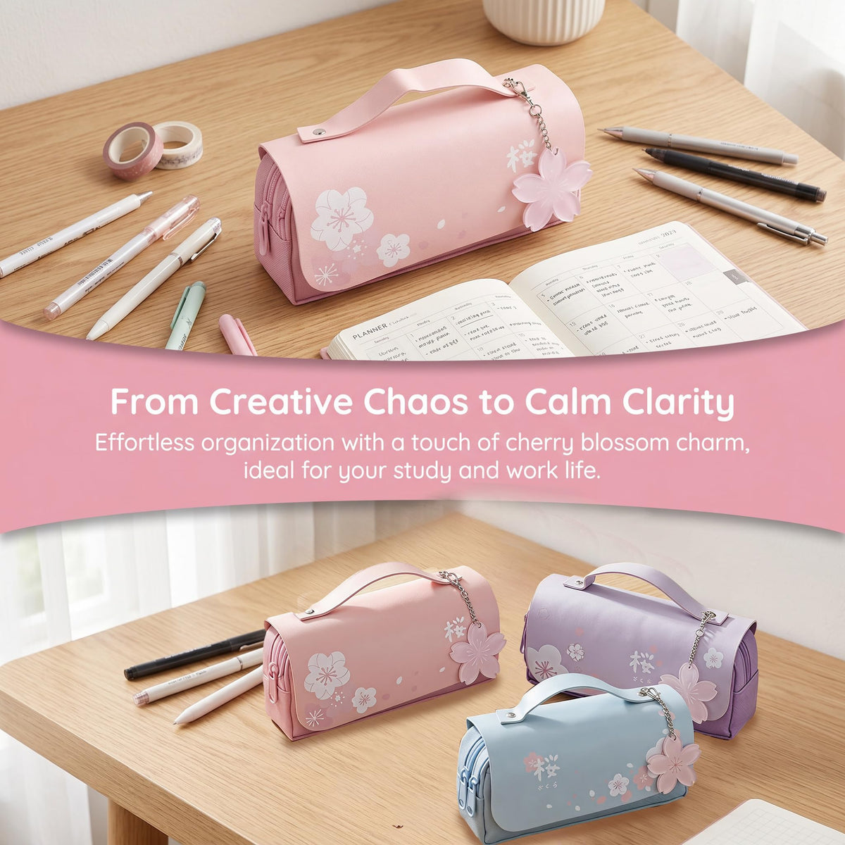 JELLYEA Kawaii Cherry Blossom Pencil Bag Pink Sweet Pencil Case, Pink