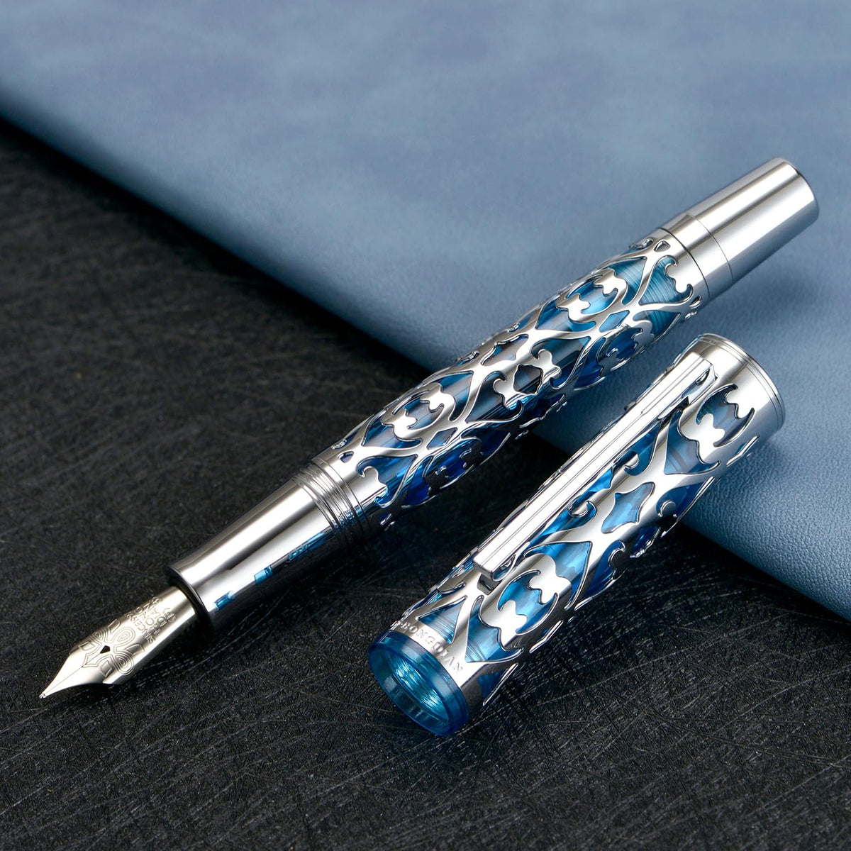 HONG DIAN D1 Piston Fountain Pen Fine Soft Nib, Silver Blue Hollow Skeleton & Resin Pen with Metal