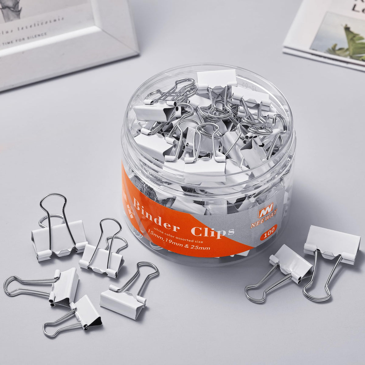 NEEWAY Binder Clips Assorted Sizes, White Binder Clips Set for Office and Home Use - Pack of 100