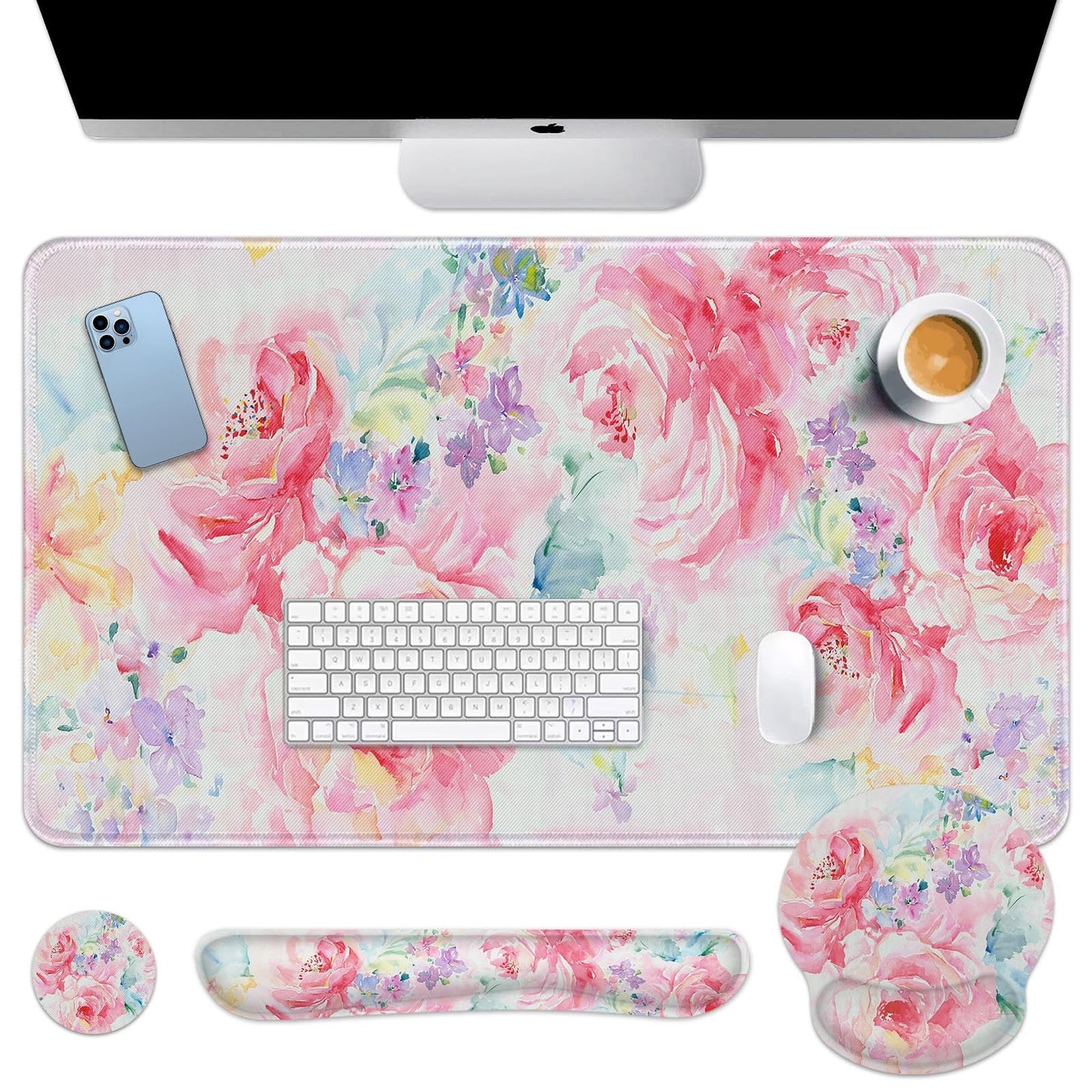 Arttown Keyboard Mouse Pad Set, 4 in 1 Desk Mat Set Watercolor Flower