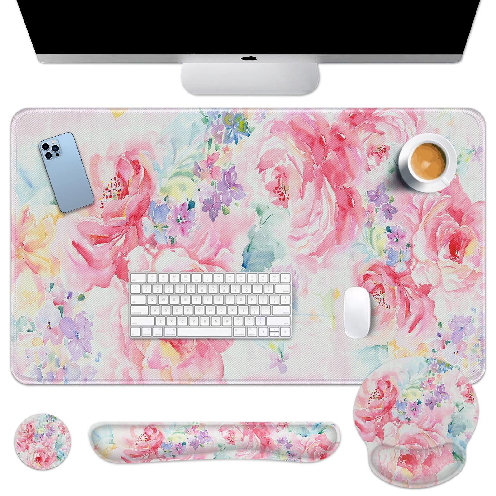 Arttown Keyboard Mouse Pad Set, 4 in 1 Desk Mat Set Watercolor Flower