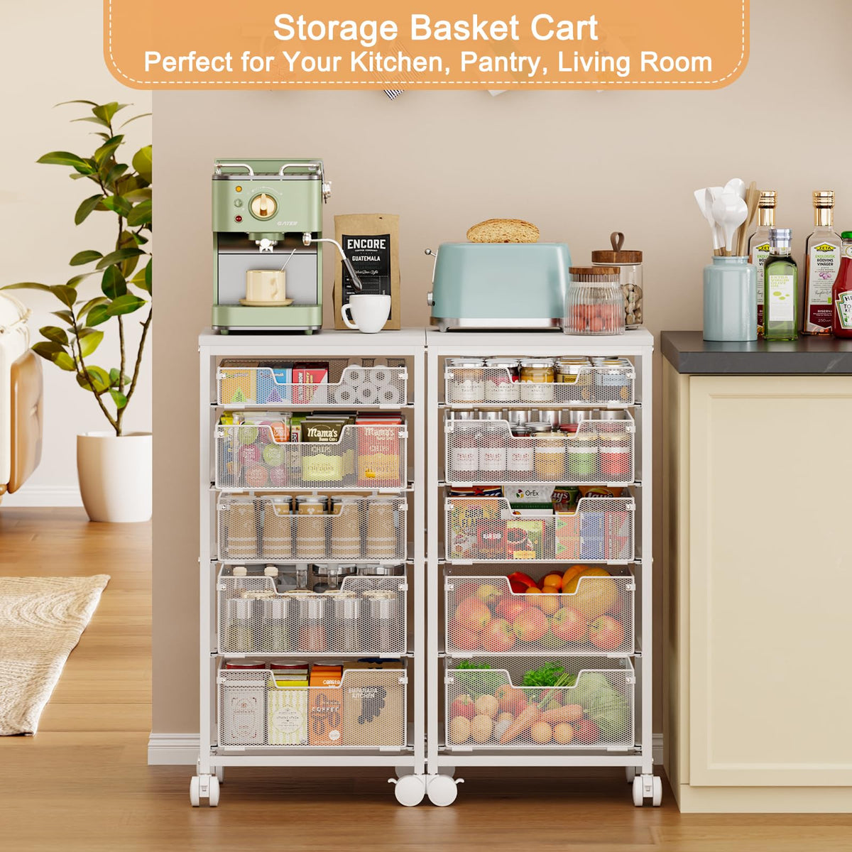 Kitchen Storage Cart with Wheels, 5-Tier Fruit Vegetable Storage Cart, Kitchen Organizer and