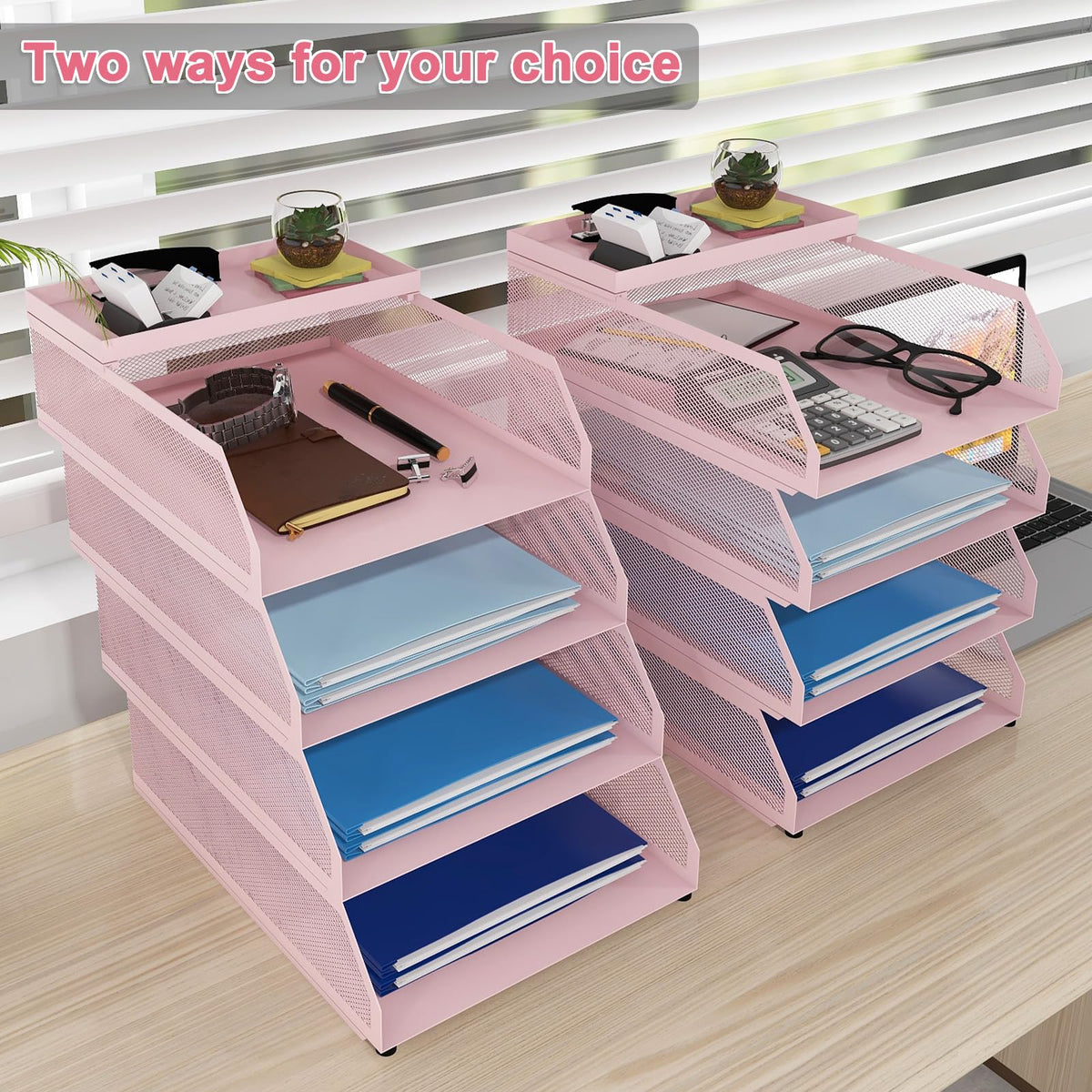 Natwind 4-Tier Stackable Metal Mesh Desk Paper Tray Organizer,Pink