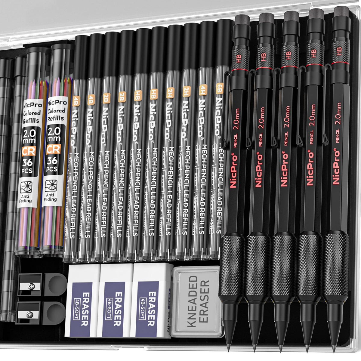 Nicpro 2mm Metal Mechanical Pencils Set with Case, 5 Pack Black