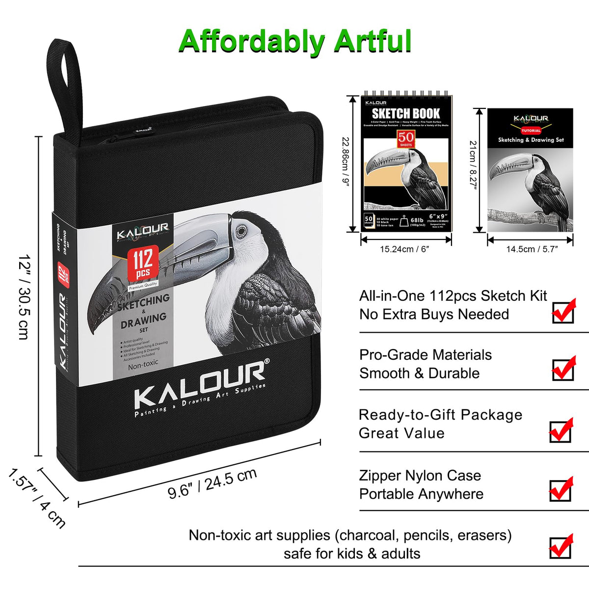 KALOUR PDAS 112 Drawing Set Sketch Kit, Pro Art Supplies with 3-Color Sketchbook, Graphite