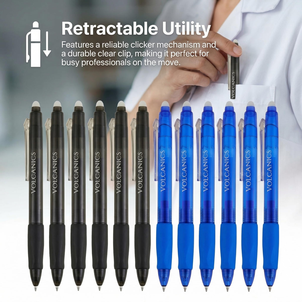 Volcanics Retractable Clicker Erasable Gel Pens - 0.7mm Ball Point, Heat Erase with Built-in