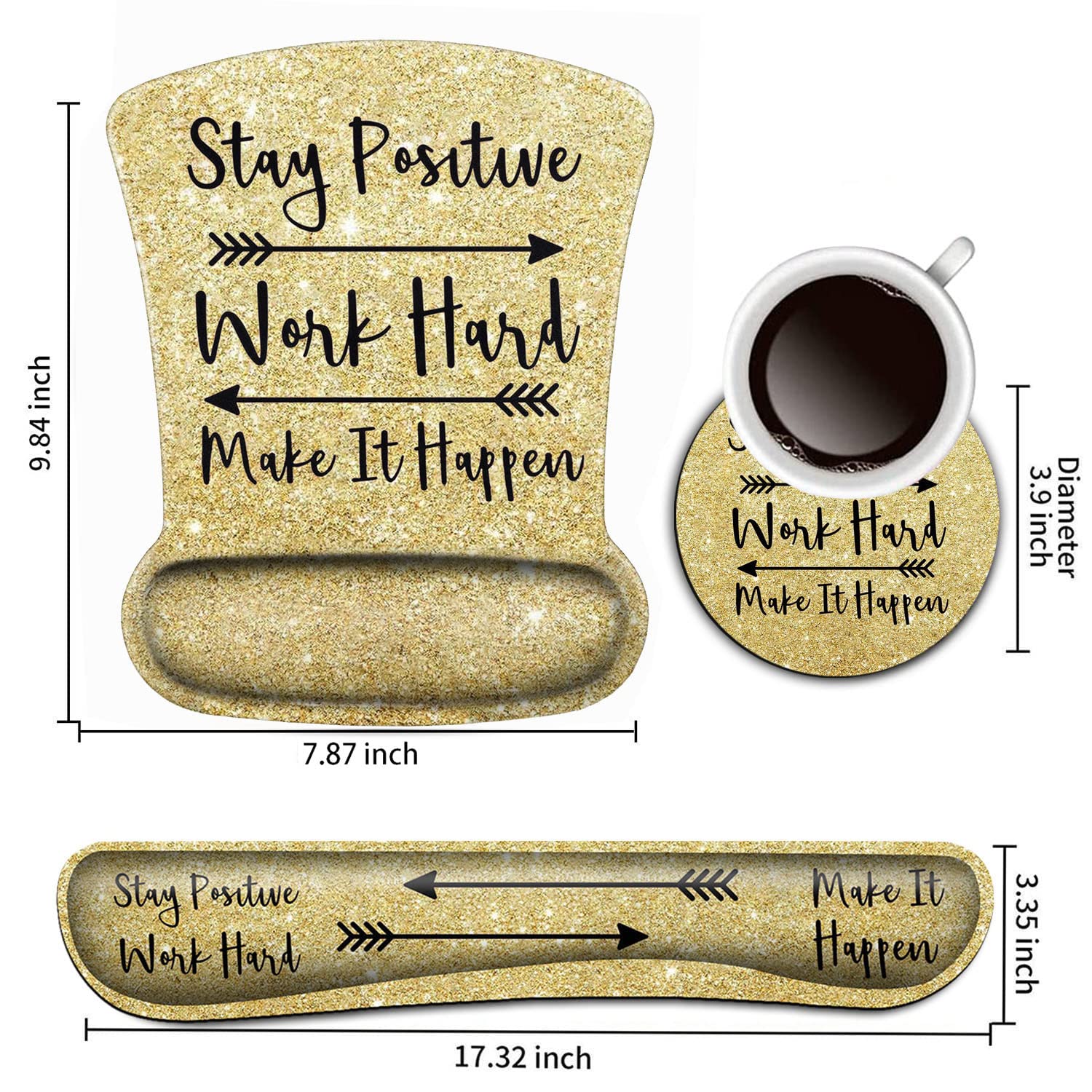 Keyboard Wrist Rest and Mouse Pad Wrist Support Set,Stay Positive Work Hard and Make It Happen Gold
