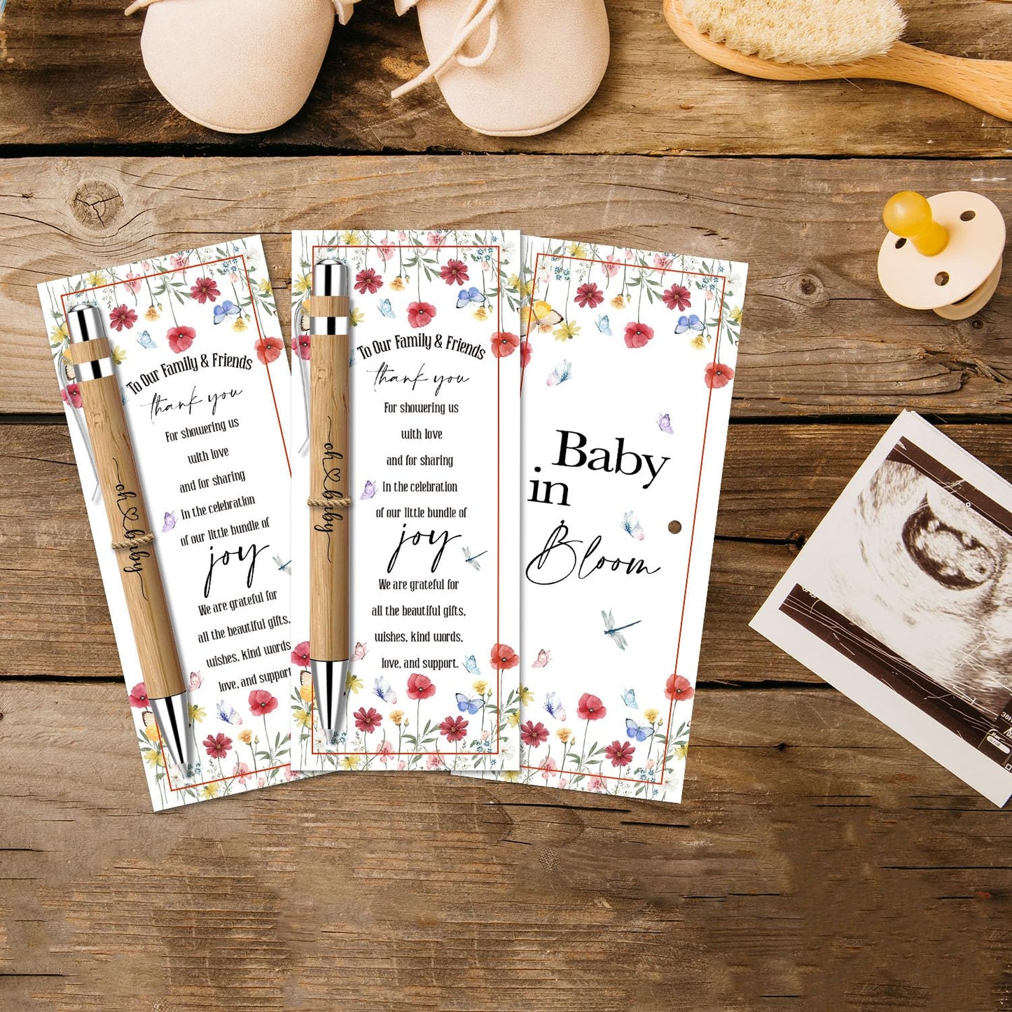 30 Pack Baby Shower Favors, Bamboo Pens and Baby in Bloom Greeting Cards