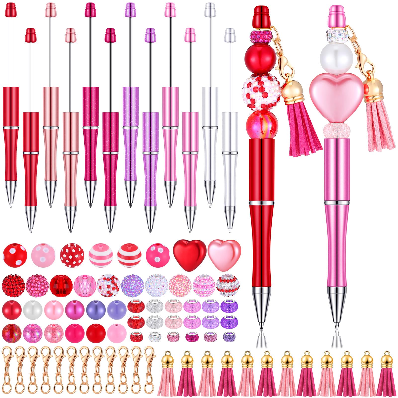 Tinlade 12 Beadable Pens Bulk with 50 Beads Multicolor DIY, Classic Style