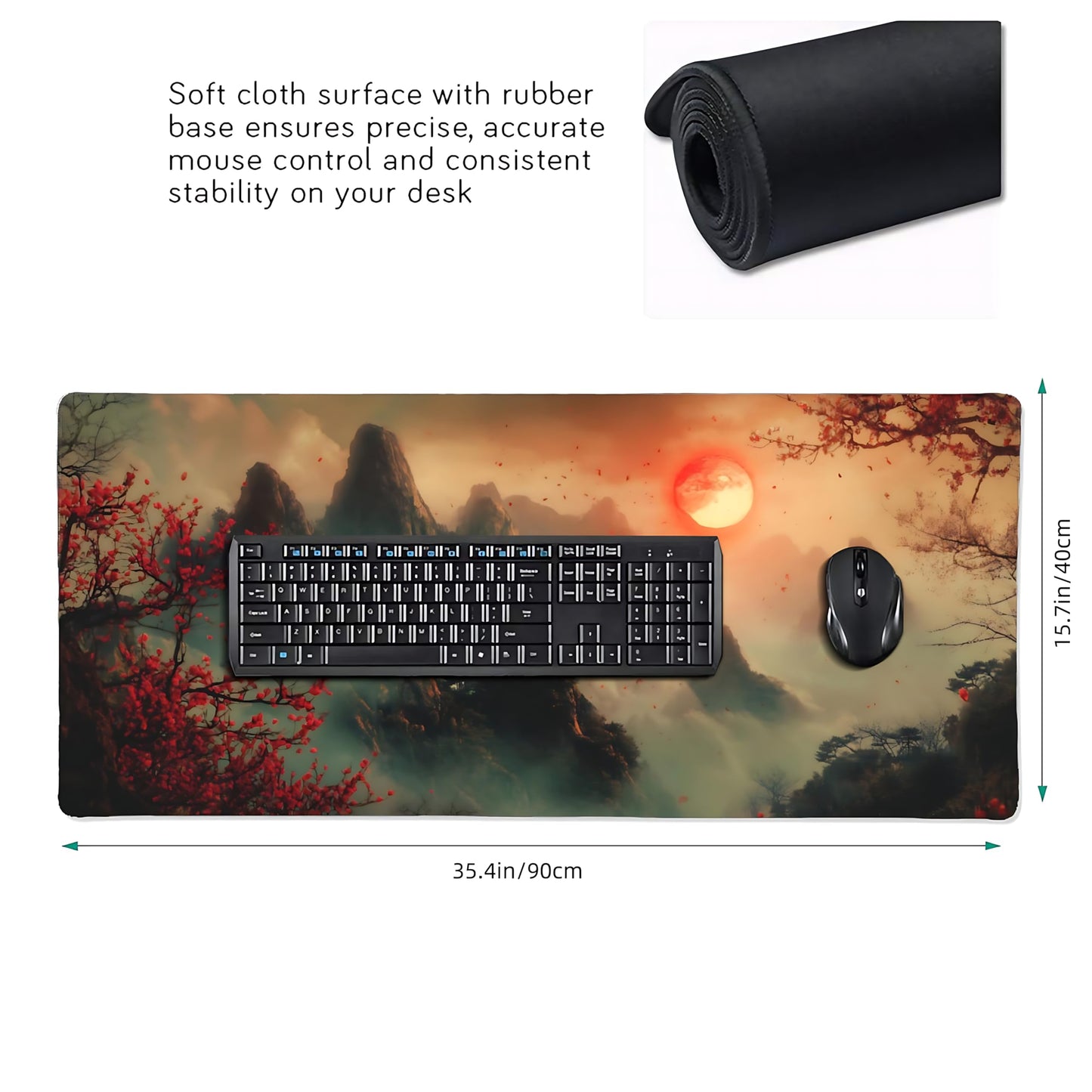 Aesthetic Scenery Gaming Mouse Pad, Green Red Japanese Desk Mat with Anti-Slip Base & Stitched